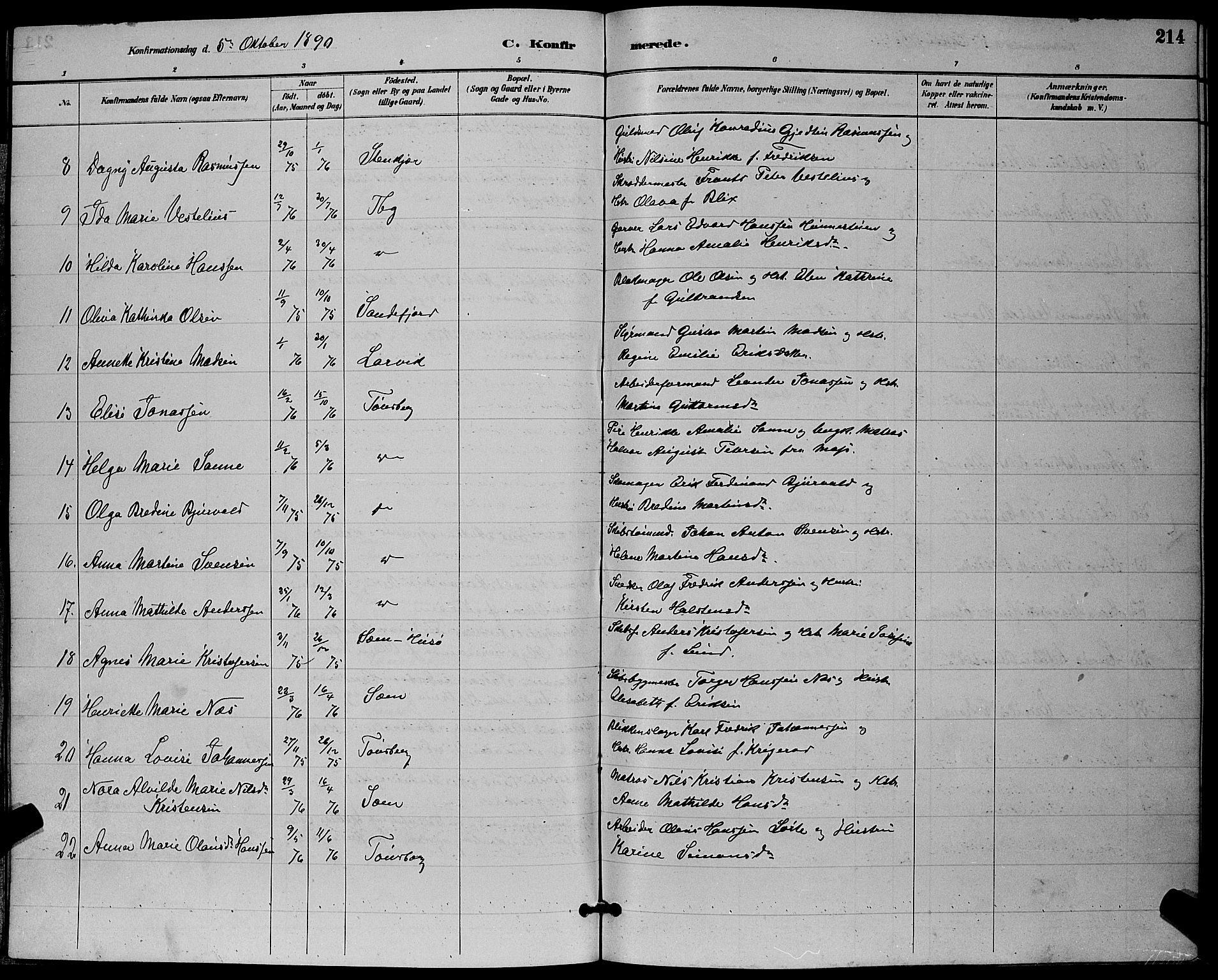 Tønsberg kirkebøker, AV/SAKO-A-330/G/Ga/L0006: Parish register (copy) no. 6, 1885-1895, p. 214