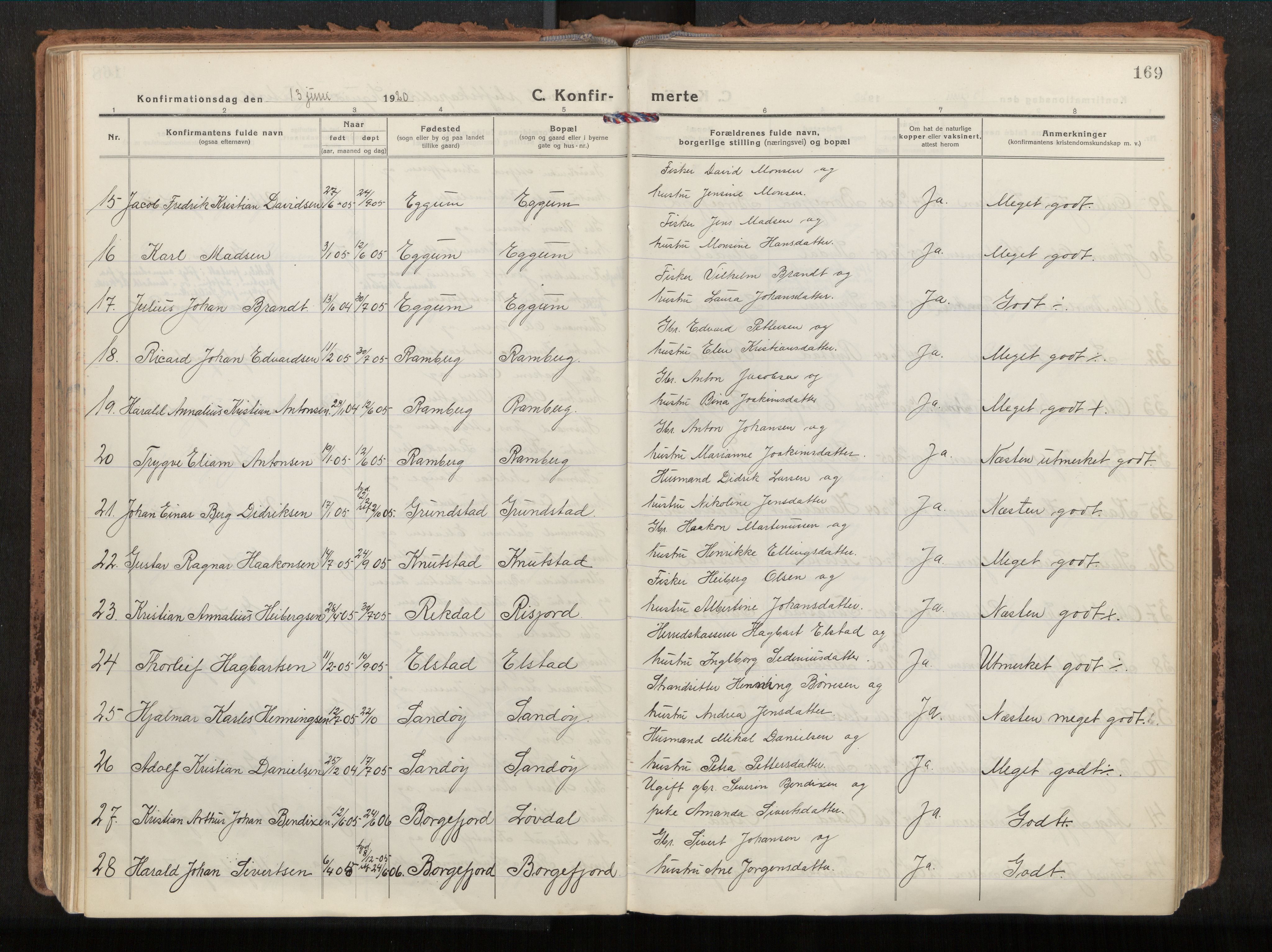 Ministerialprotokoller, klokkerbøker og fødselsregistre - Nordland, AV/SAT-A-1459/880/L1136: Parish register (official) no. 880A10, 1919-1927, p. 169