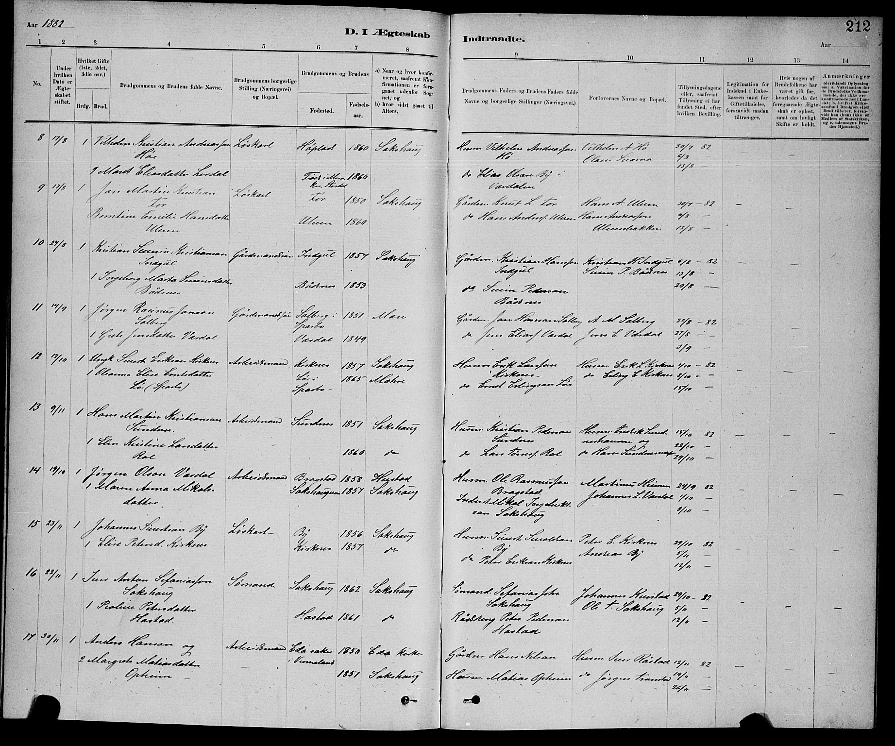 Ministerialprotokoller, klokkerbøker og fødselsregistre - Nord-Trøndelag, SAT/A-1458/730/L0301: Parish register (copy) no. 730C04, 1880-1897, p. 212