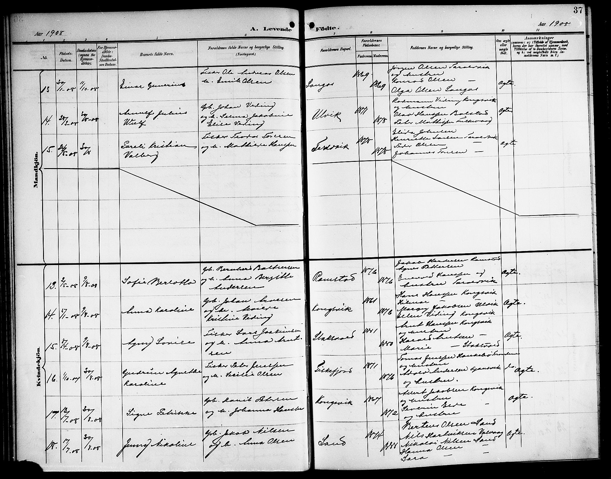 Ministerialprotokoller, klokkerbøker og fødselsregistre - Nordland, AV/SAT-A-1459/865/L0932: Parish register (copy) no. 865C04, 1901-1917, p. 37