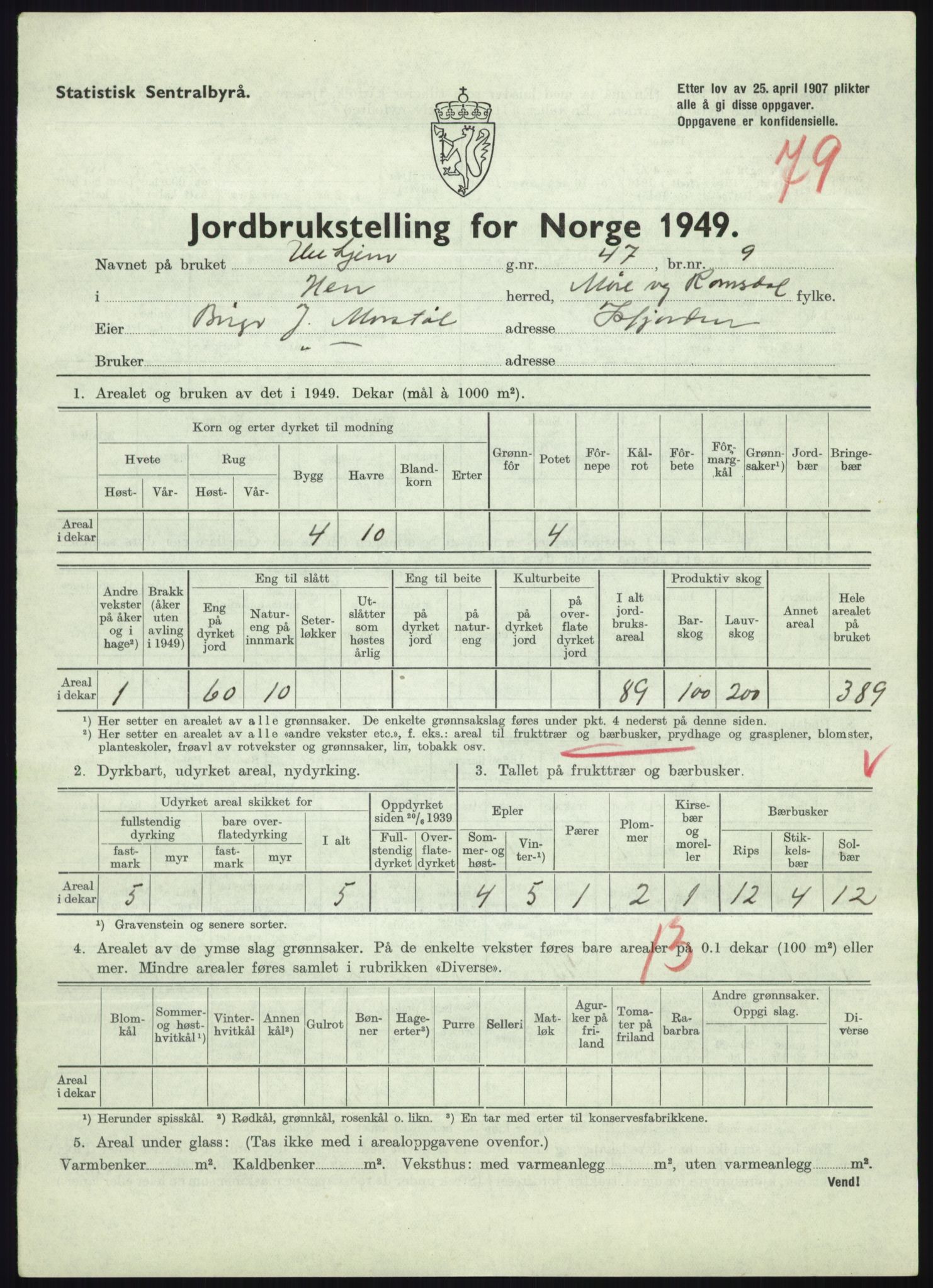 Statistisk sentralbyrå, Næringsøkonomiske emner, Jordbruk, skogbruk, jakt, fiske og fangst, AV/RA-S-2234/G/Gc/L0323: Møre og Romsdal: Grytten og Hen, 1949, p. 841