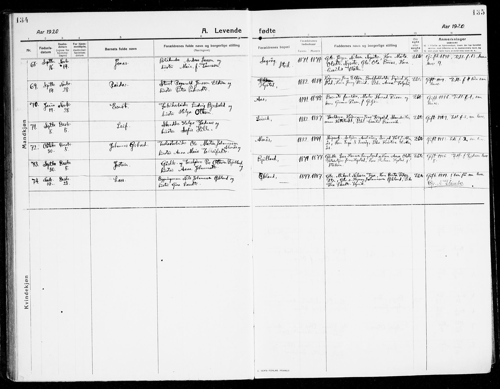 Stord sokneprestembete, AV/SAB-A-78201/H/Haa: Parish register (official) no. B 3, 1913-1925, p. 134-135