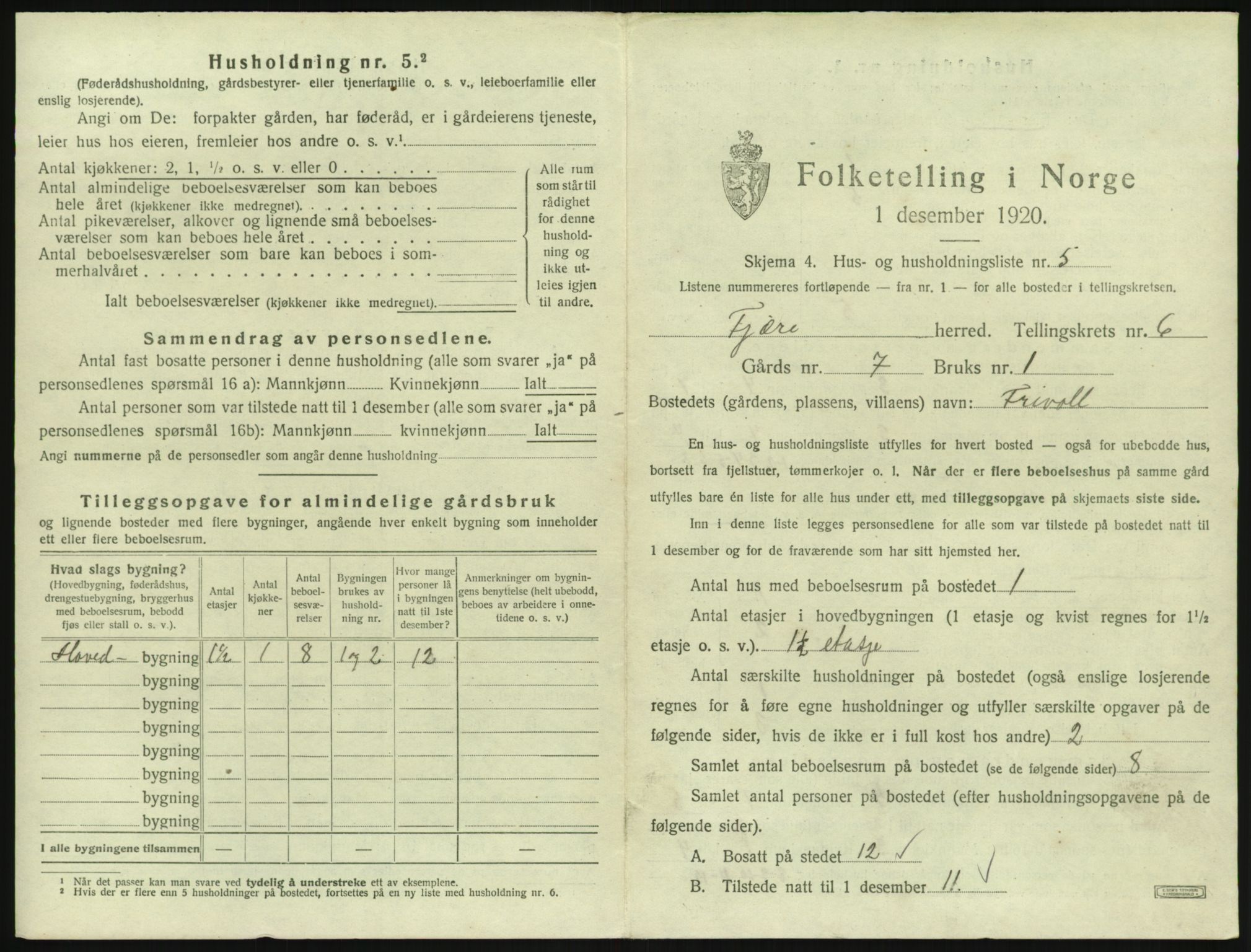 SAK, 1920 census for Fjære, 1920, p. 1197