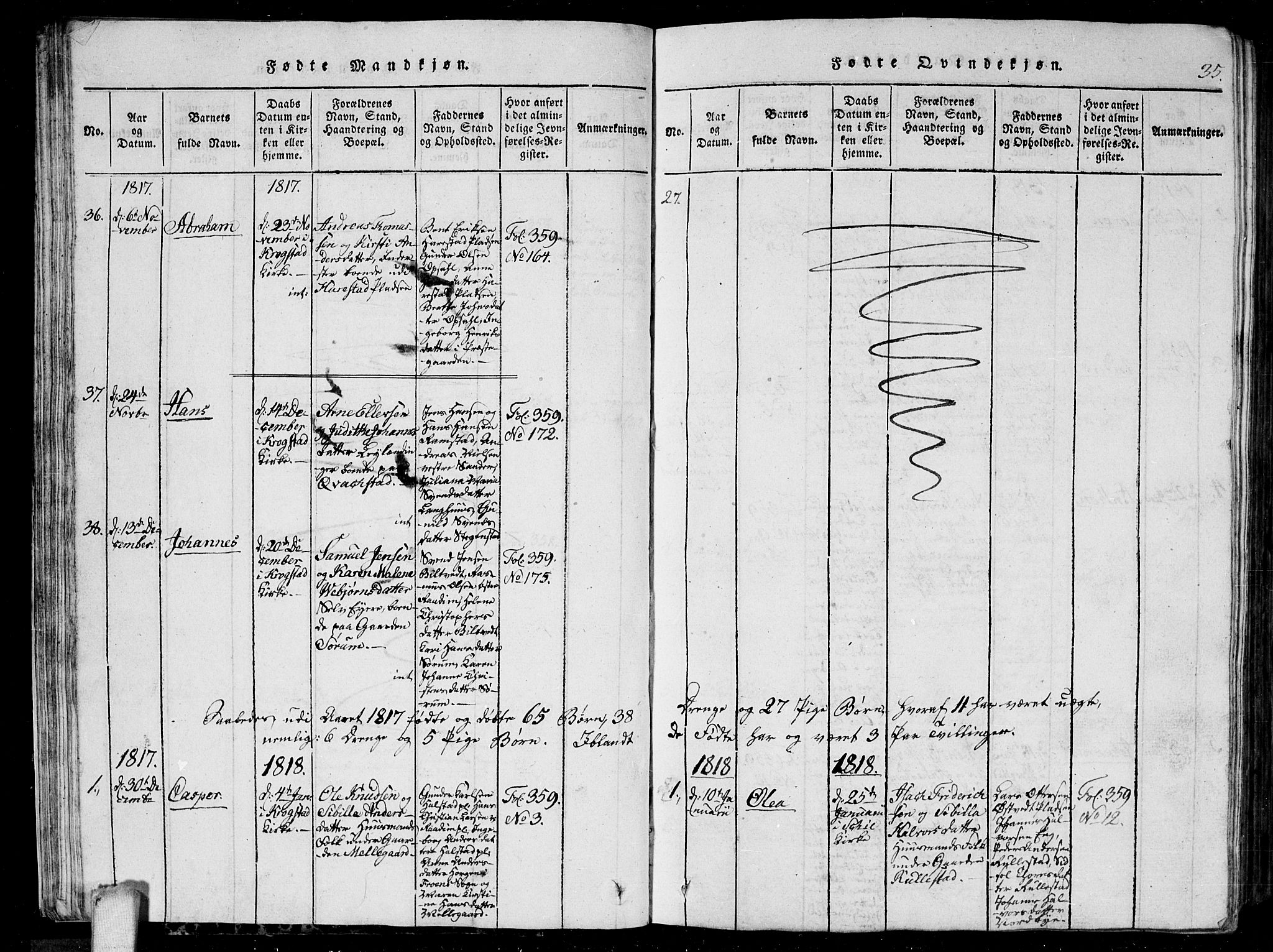 Kråkstad prestekontor Kirkebøker, AV/SAO-A-10125a/G/Ga/L0001: Parish register (copy) no. I 1, 1813-1824, p. 35