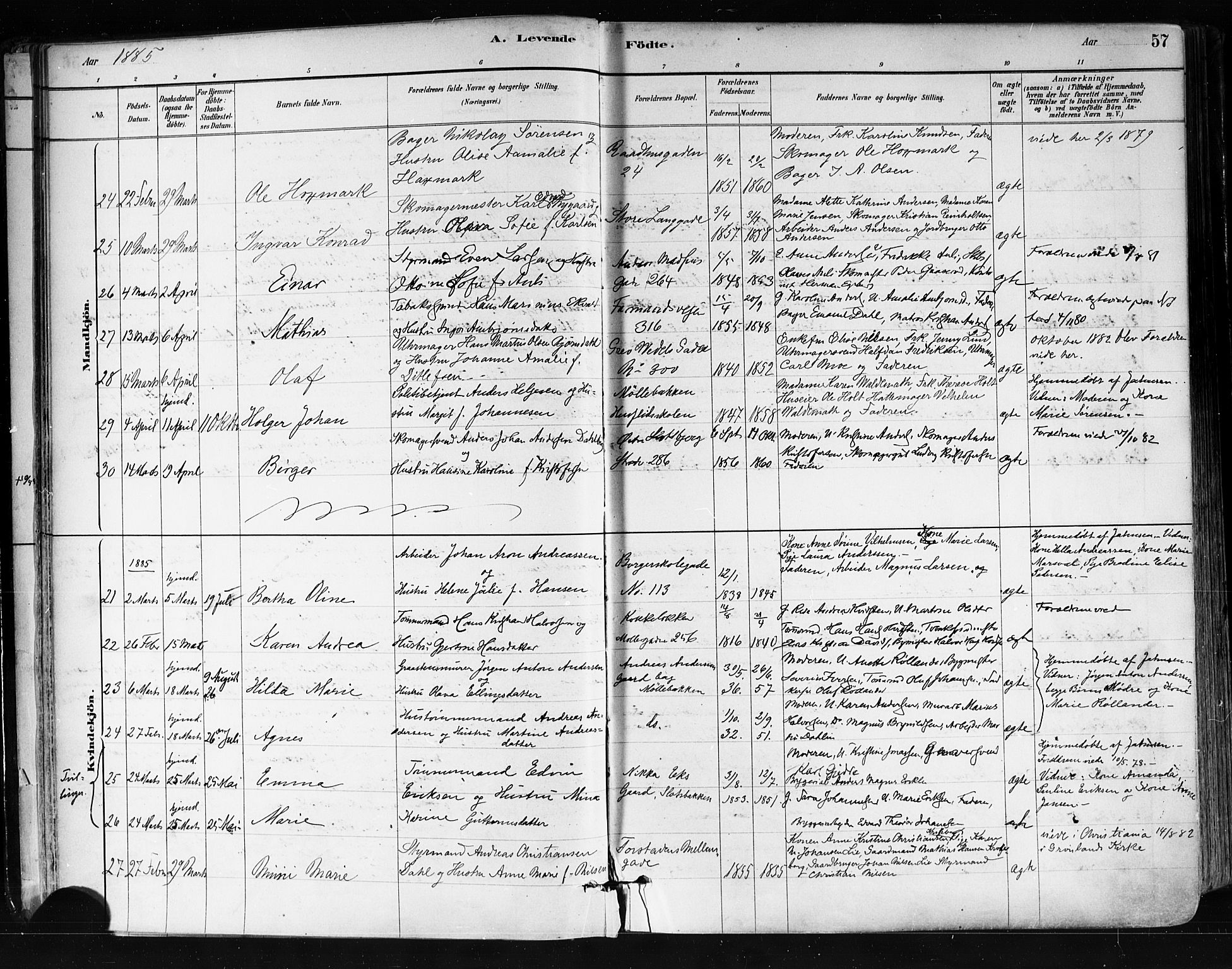 Tønsberg kirkebøker, AV/SAKO-A-330/F/Fa/L0011: Parish register (official) no. I 11, 1881-1890, p. 57