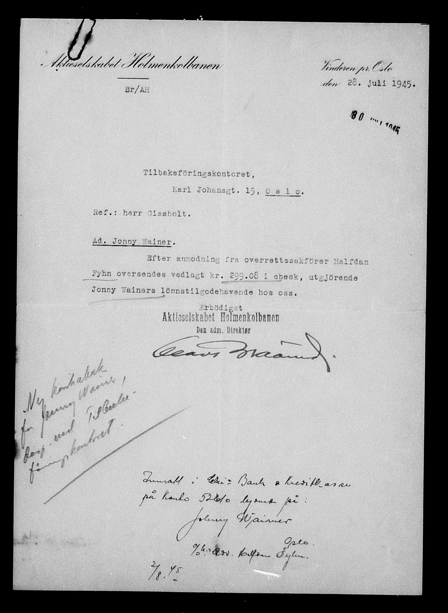 Justisdepartementet, Tilbakeføringskontoret for inndratte formuer, AV/RA-S-1564/H/Hc/Hcc/L0985: --, 1945-1947, p. 219