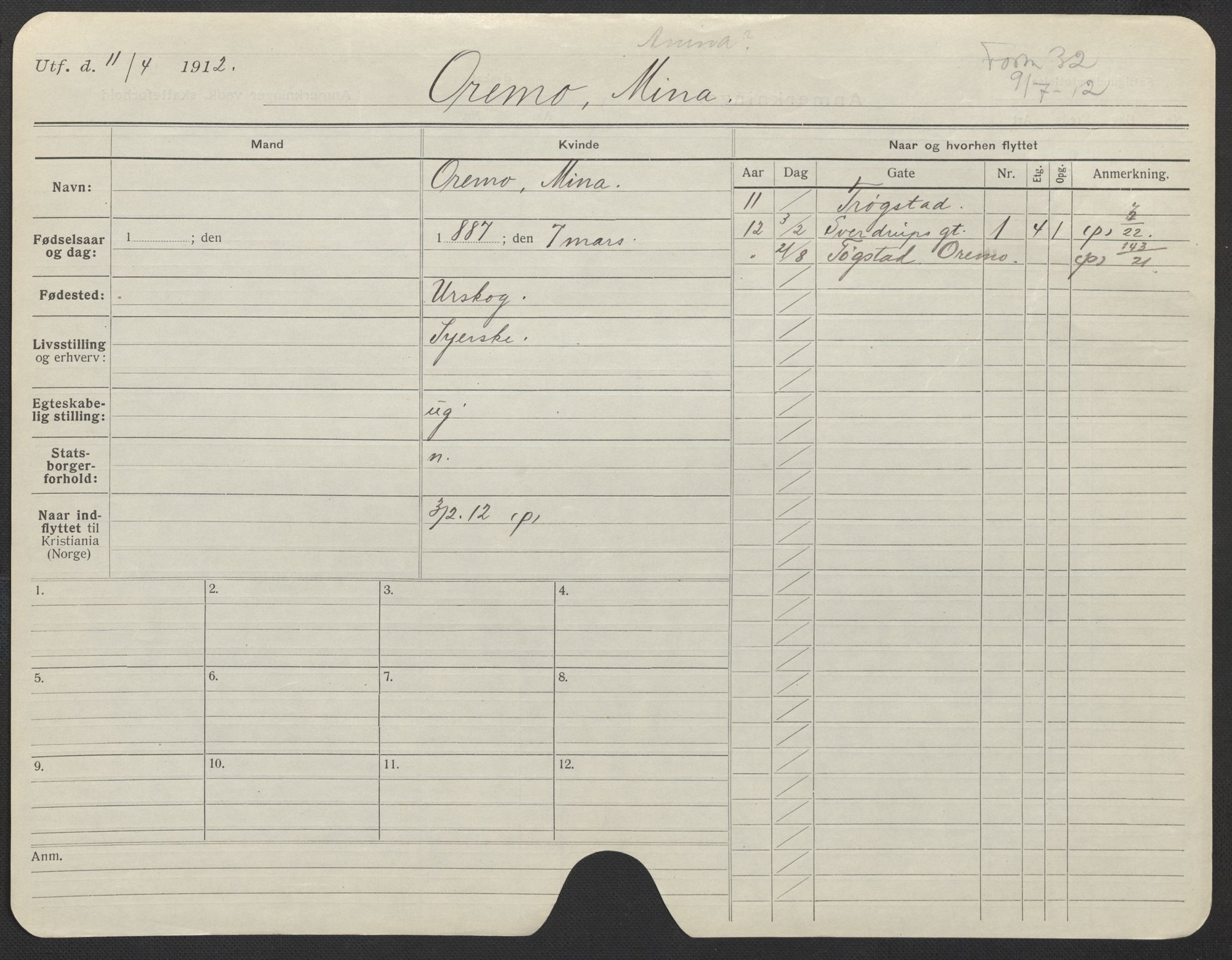 Oslo folkeregister, Registerkort, AV/SAO-A-11715/F/Fa/Fac/L0022: Kvinner, 1906-1914, p. 455a