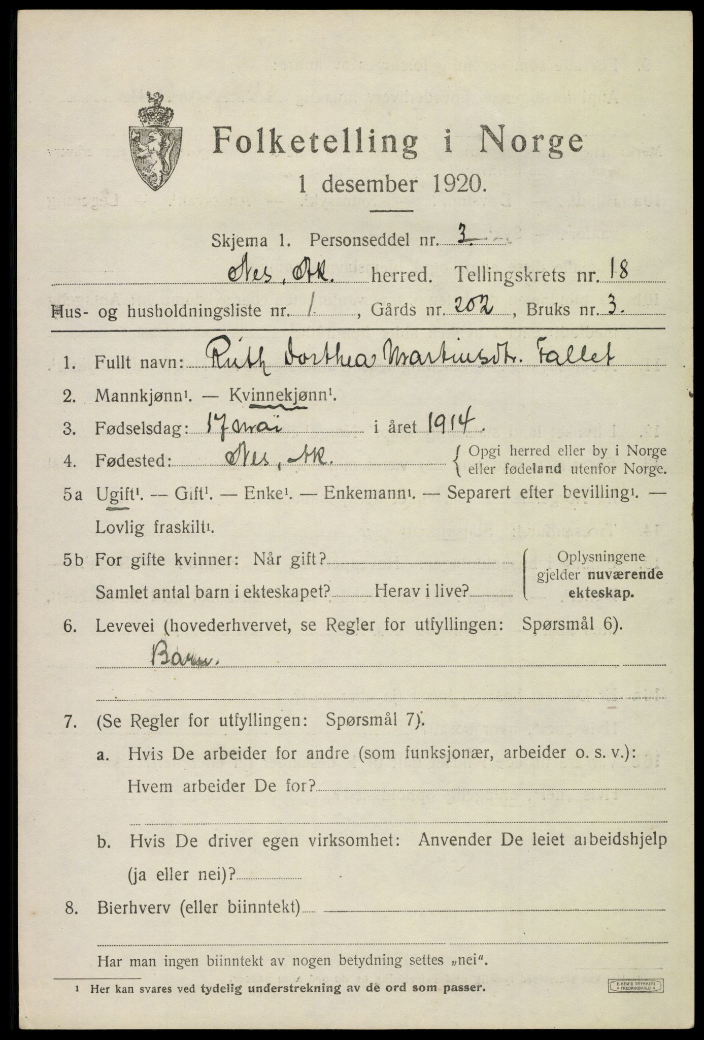 SAO, 1920 census for Nes, 1920, p. 17762