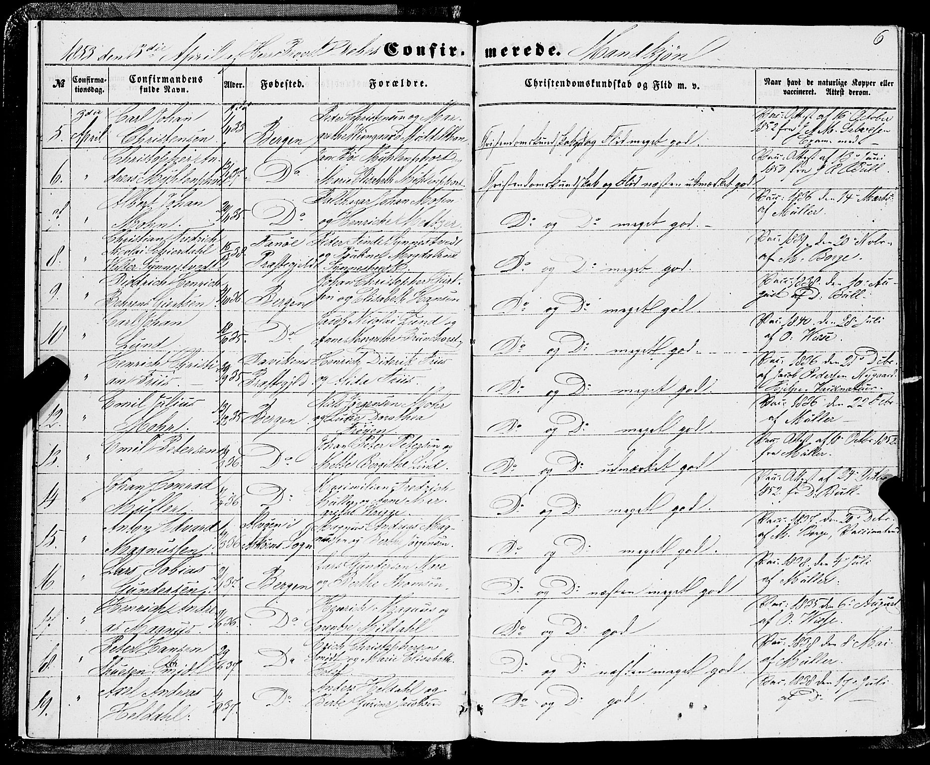 Domkirken sokneprestembete, SAB/A-74801/H/Haa/L0028: Parish register (official) no. C 3, 1852-1864, p. 6