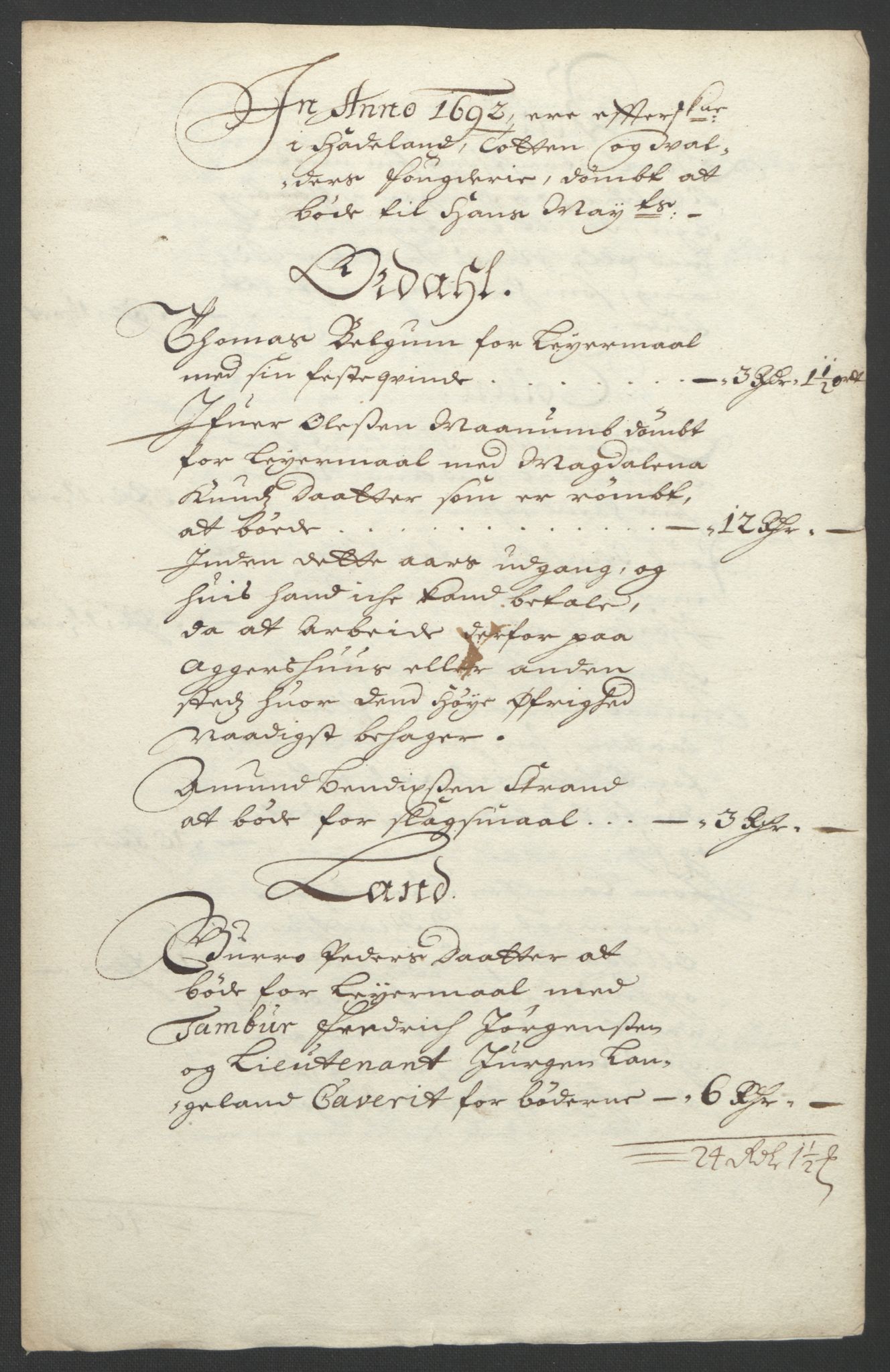 Rentekammeret inntil 1814, Reviderte regnskaper, Fogderegnskap, RA/EA-4092/R18/L1291: Fogderegnskap Hadeland, Toten og Valdres, 1692, p. 62