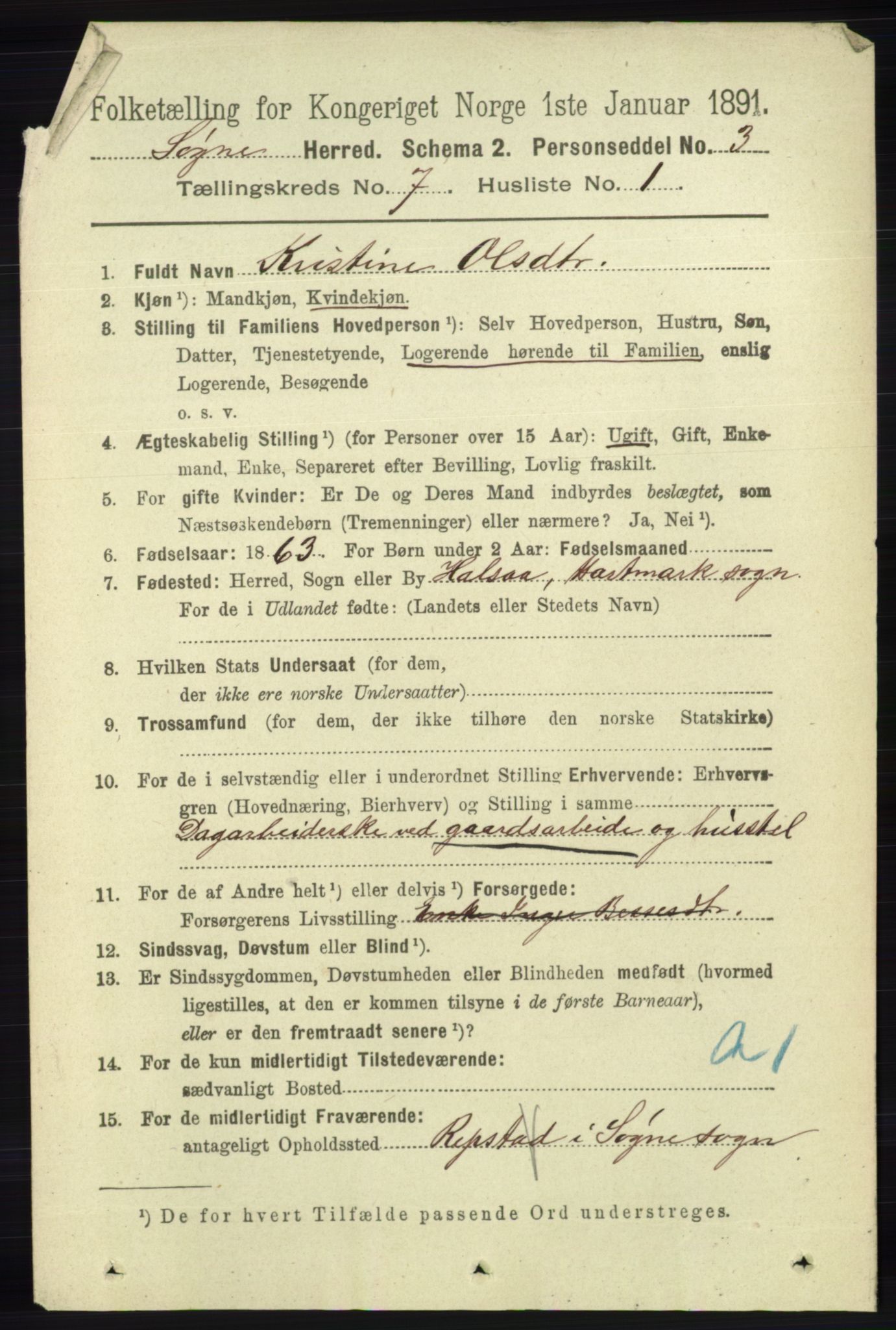 RA, 1891 census for 1018 Søgne, 1891, p. 1543