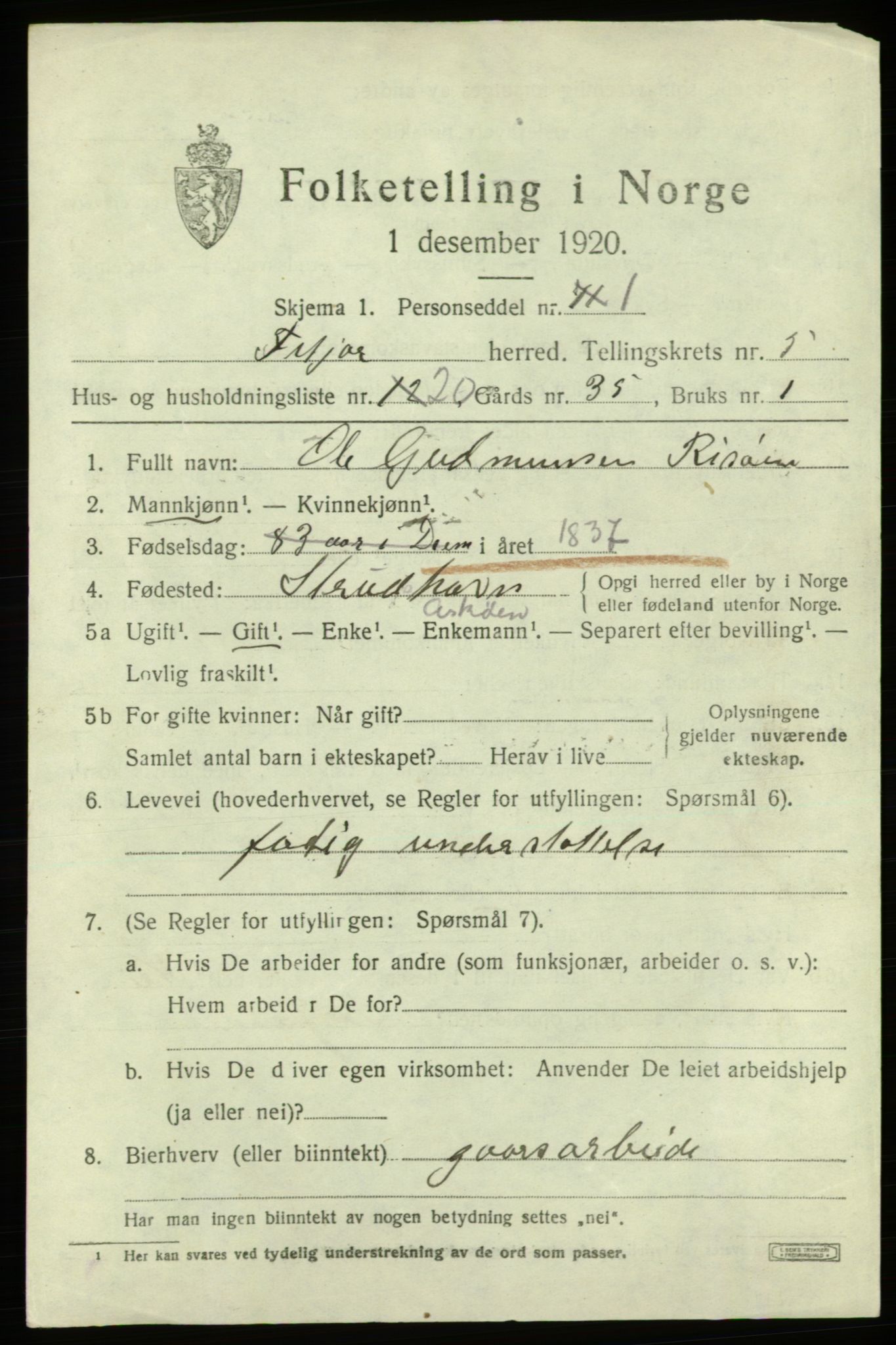 SAB, 1920 census for Fitjar, 1920, p. 2748