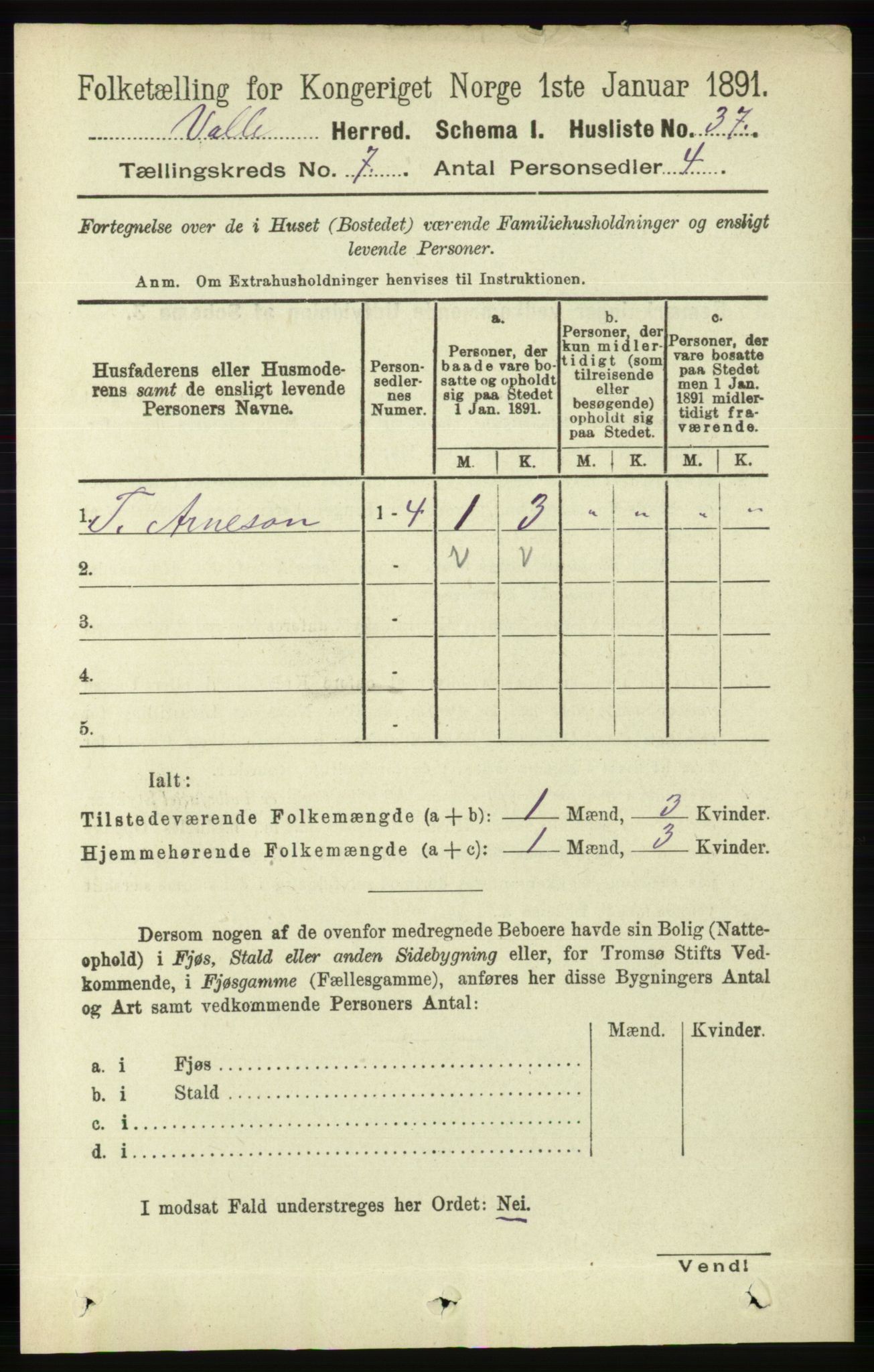 RA, 1891 census for 0940 Valle, 1891, p. 1961