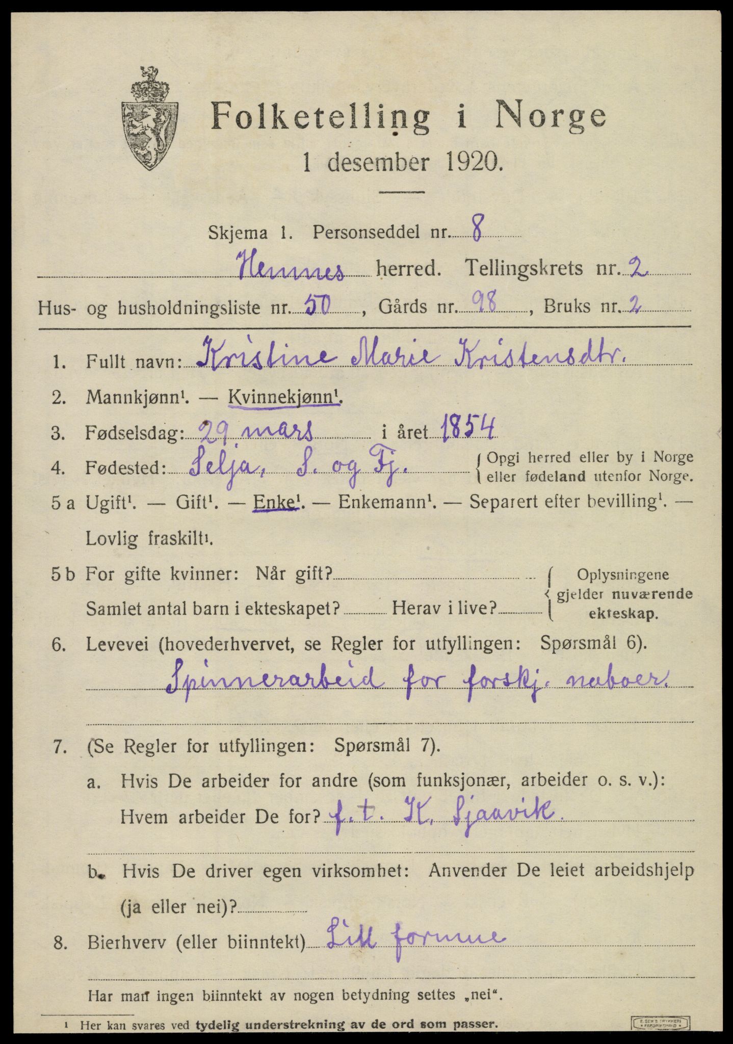 SAT, 1920 census for Hemnes, 1920, p. 4406