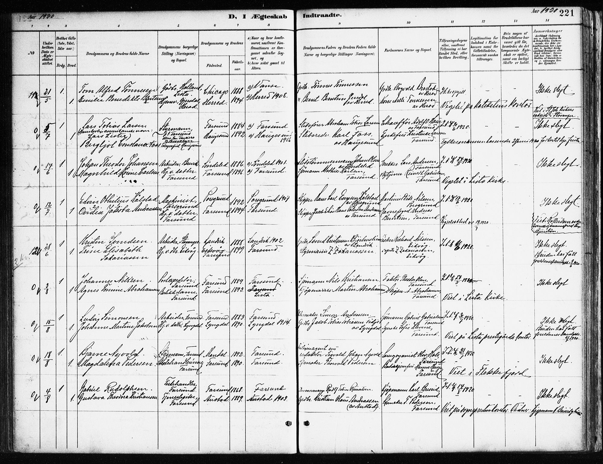 Farsund sokneprestkontor, SAK/1111-0009/F/Fa/L0006: Parish register (official) no. A 6, 1887-1920, p. 221