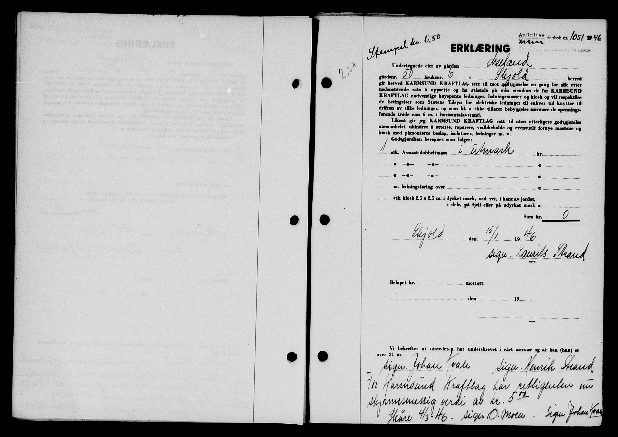 Karmsund sorenskriveri, AV/SAST-A-100311/01/II/IIB/L0085: Mortgage book no. 66A, 1946-1946, Diary no: : 1051/1946