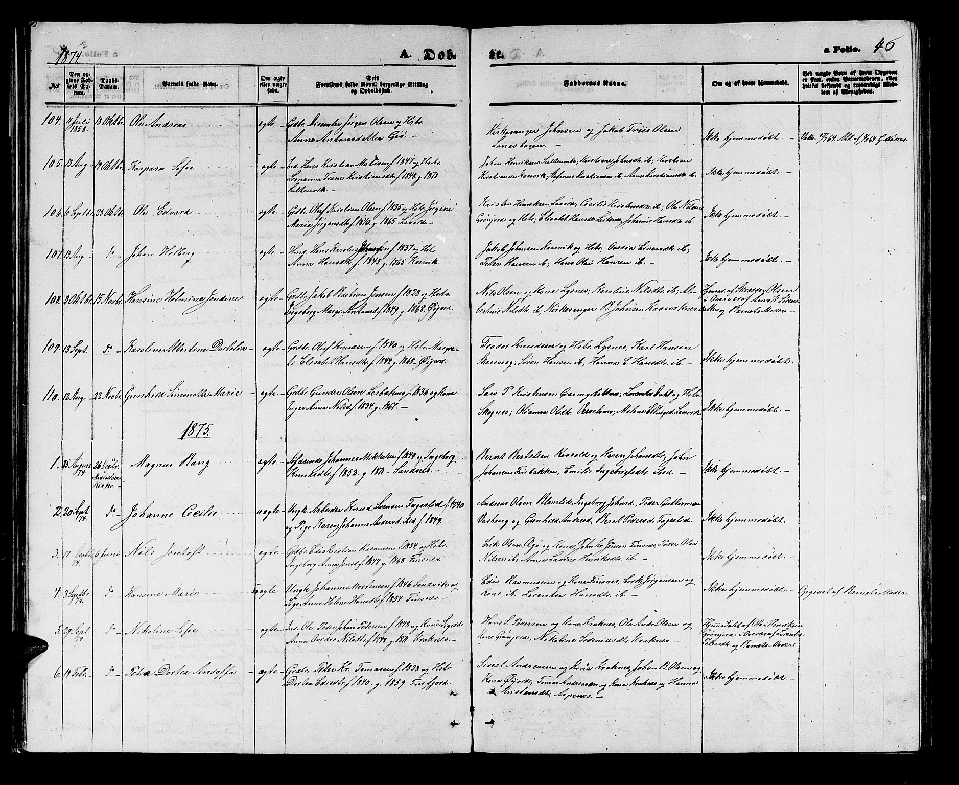 Lenvik sokneprestembete, SATØ/S-1310/H/Ha/Hab/L0005klokker: Parish register (copy) no. 5, 1870-1880, p. 46