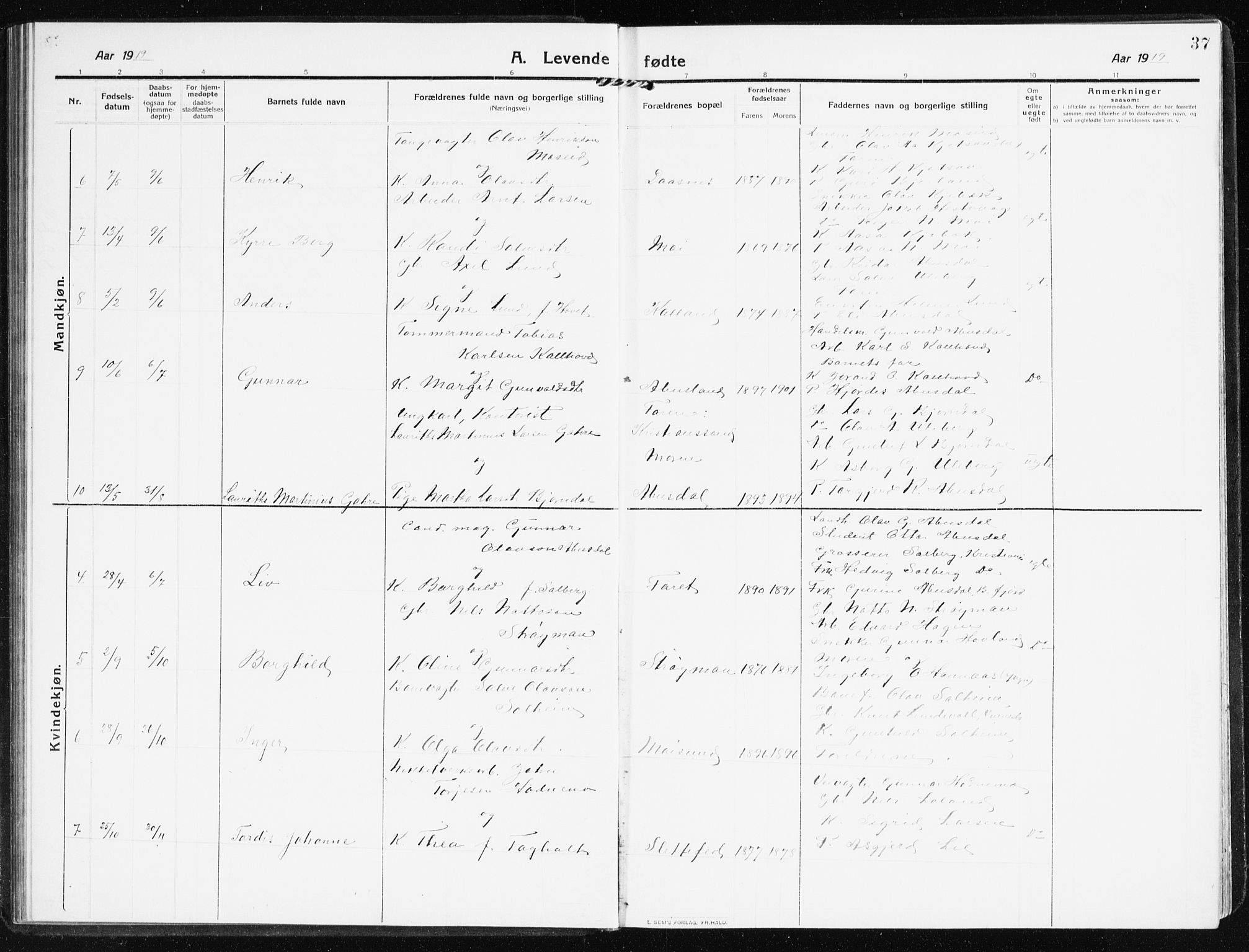 Evje sokneprestkontor, AV/SAK-1111-0008/F/Fb/Fbb/L0003: Parish register (copy) no. B 3, 1910-1933, p. 37