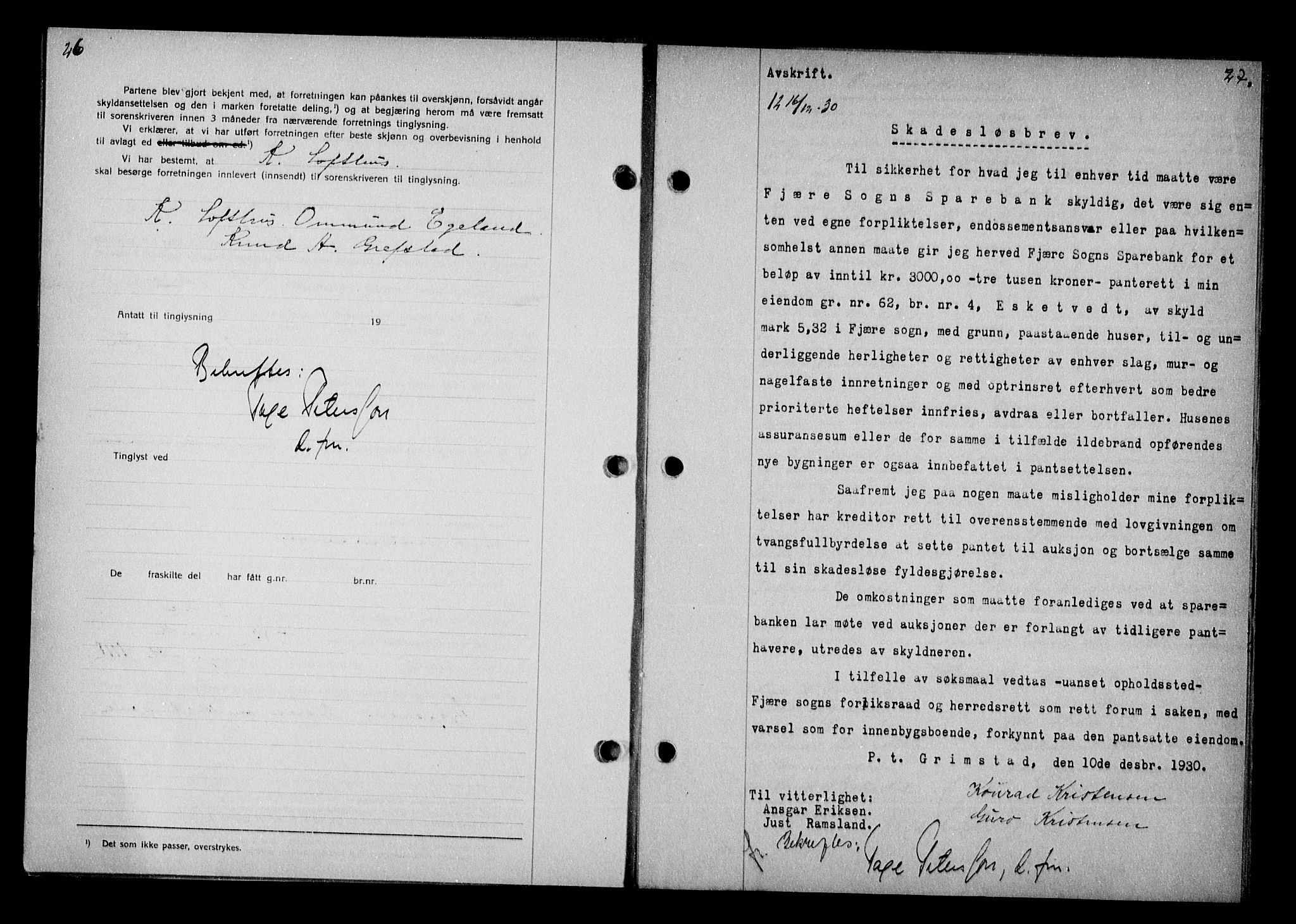 Vestre Nedenes/Sand sorenskriveri, AV/SAK-1221-0010/G/Gb/Gba/L0040: Mortgage book no. 66, 1930-1932, p. 26-27