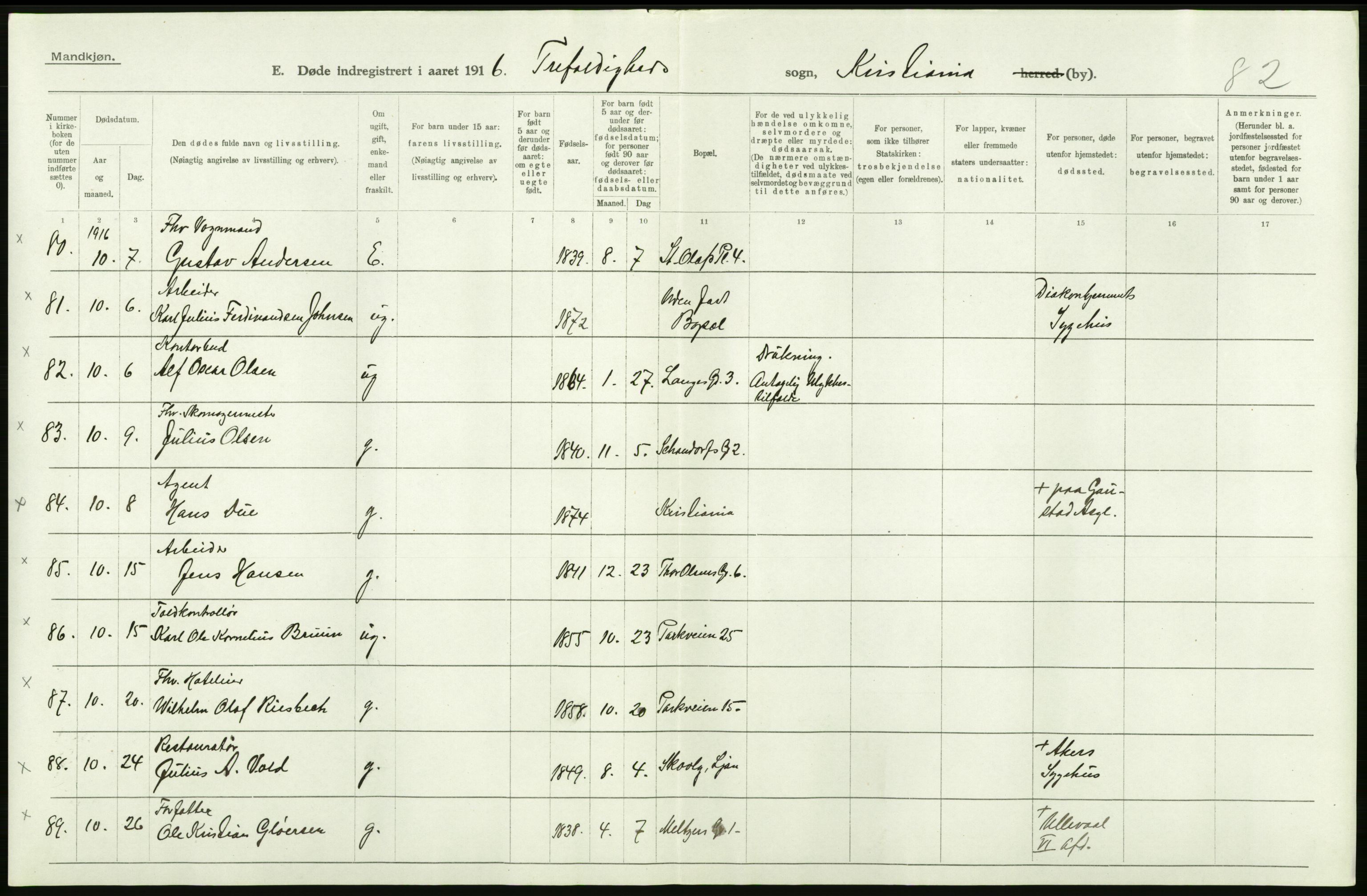 Statistisk sentralbyrå, Sosiodemografiske emner, Befolkning, AV/RA-S-2228/D/Df/Dfb/Dfbf/L0010: Kristiania: Døde, dødfødte., 1916, p. 170