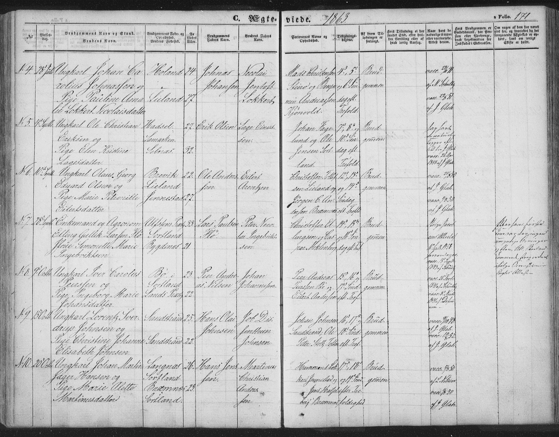 Ministerialprotokoller, klokkerbøker og fødselsregistre - Nordland, SAT/A-1459/895/L1369: Parish register (official) no. 895A04, 1852-1872, p. 171