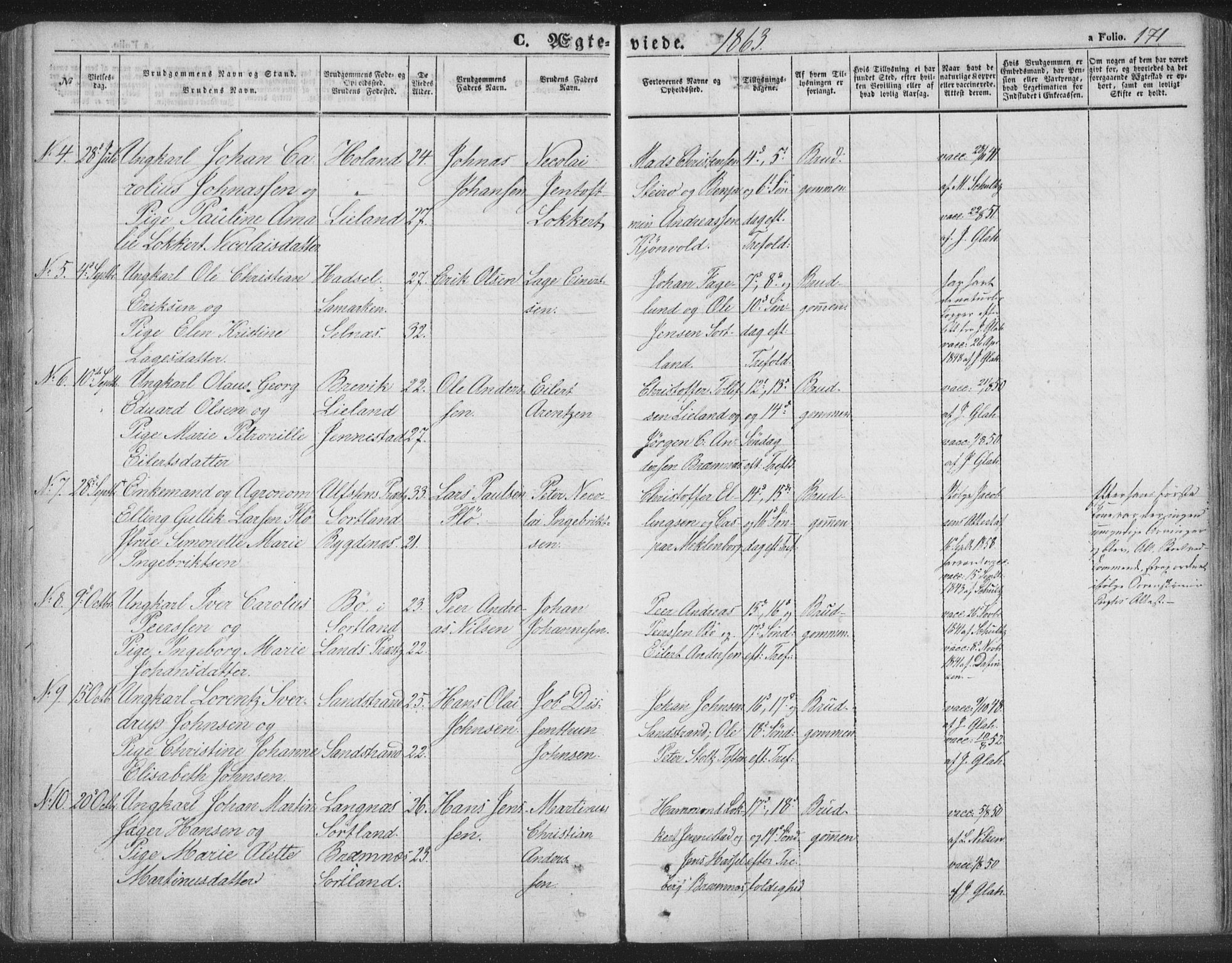 Ministerialprotokoller, klokkerbøker og fødselsregistre - Nordland, AV/SAT-A-1459/895/L1369: Parish register (official) no. 895A04, 1852-1872, p. 171