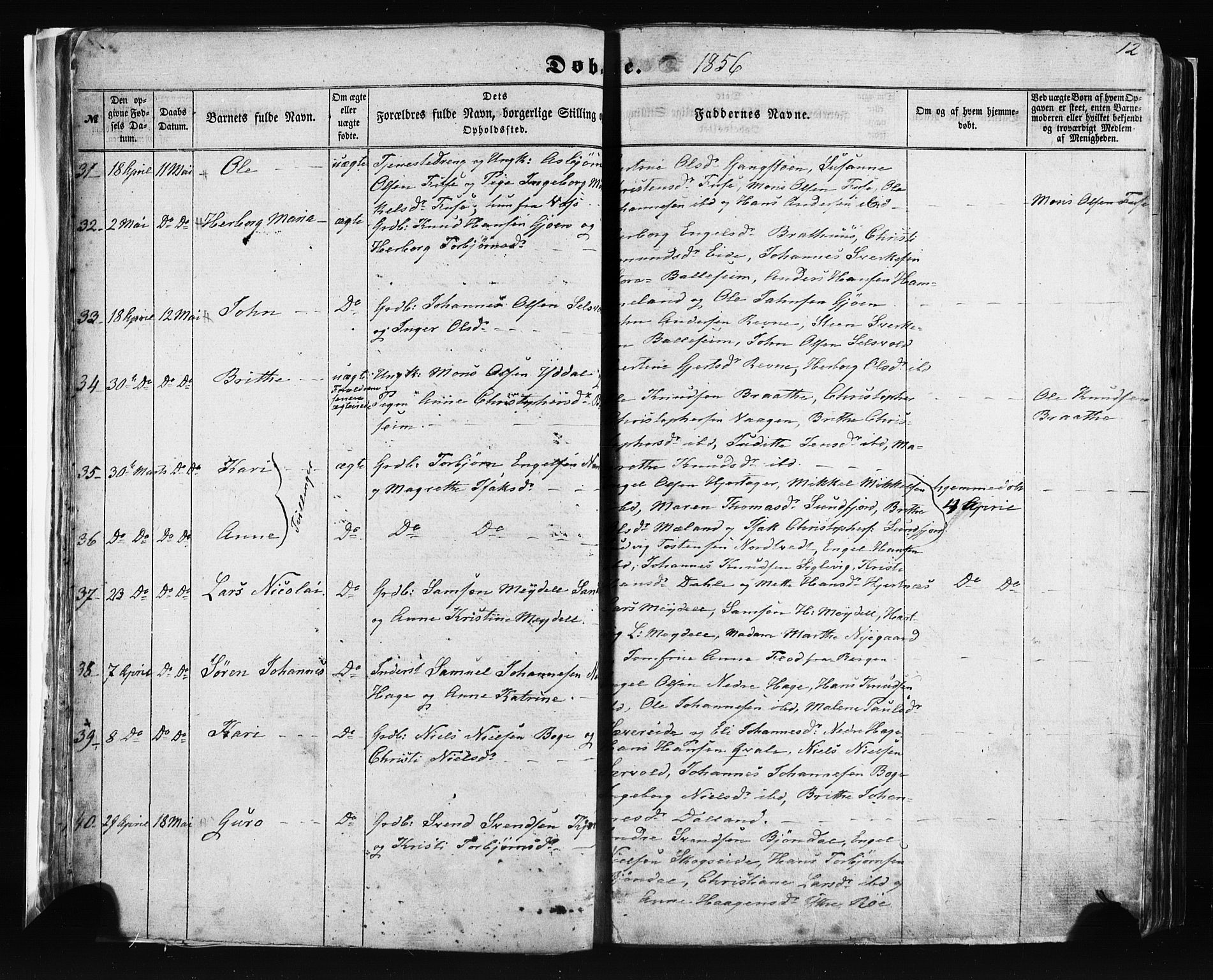 Fusa sokneprestembete, AV/SAB-A-75401/H/Haa: Parish register (official) no. A 1I, 1855-1879, p. 12