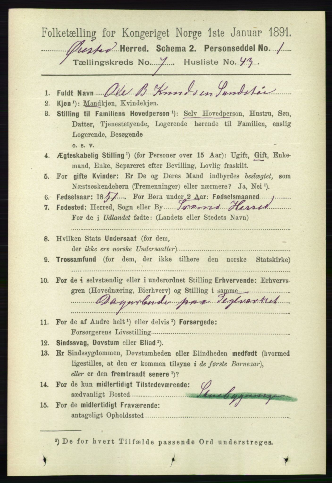 RA, 1891 census for 0920 Øyestad, 1891, p. 2898