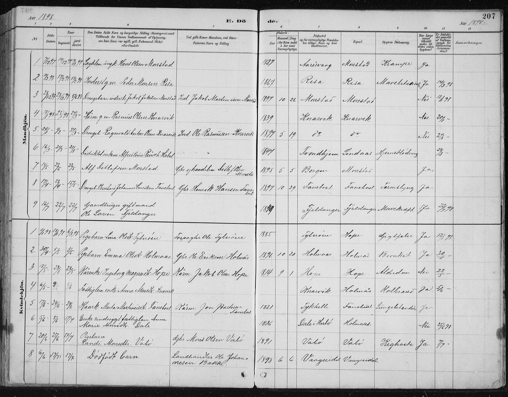 Lindås Sokneprestembete, SAB/A-76701/H/Hab: Parish register (copy) no. B 3, 1886-1914, p. 207