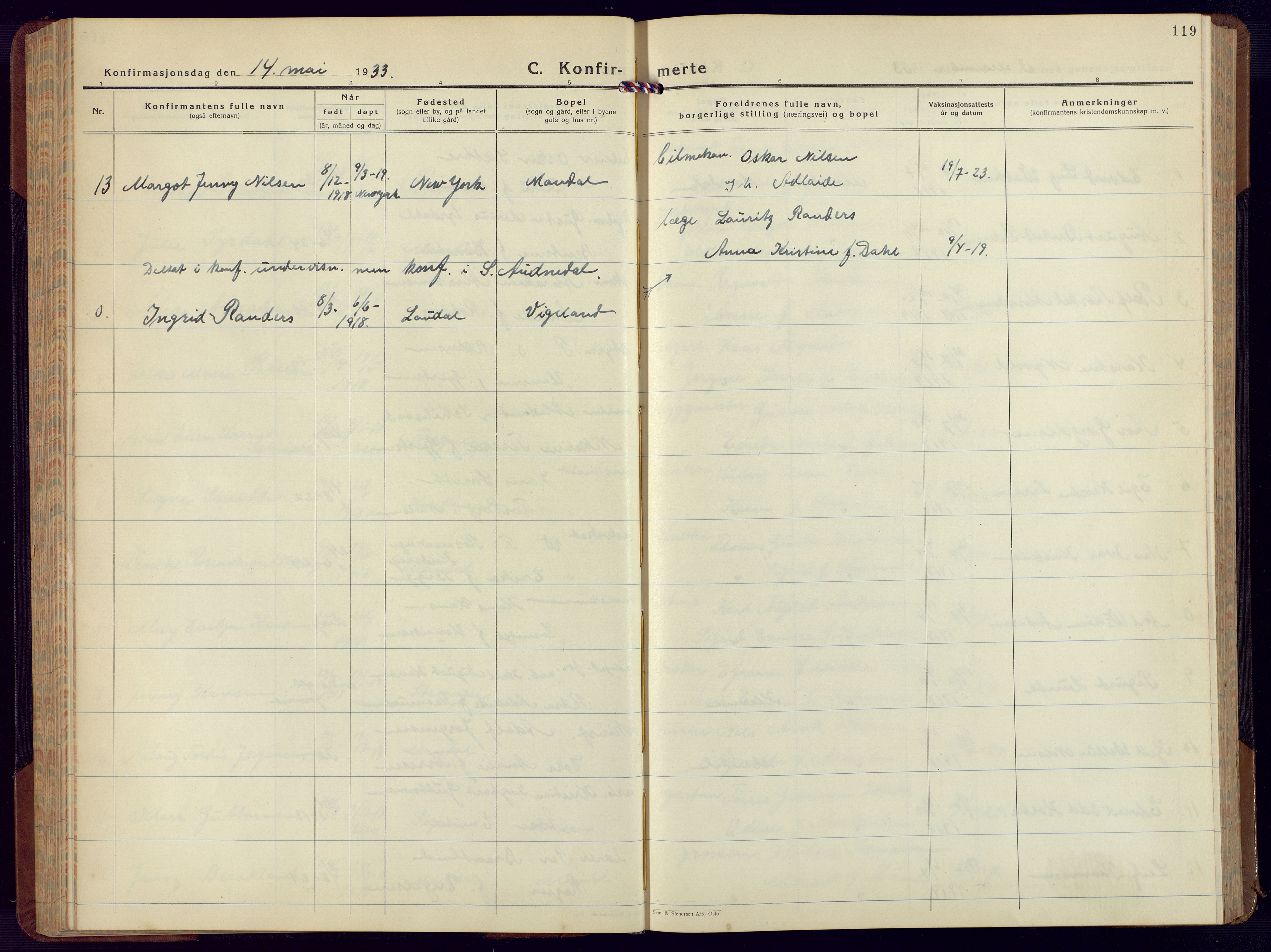 Mandal sokneprestkontor, AV/SAK-1111-0030/F/Fb/Fbc/L0002: Parish register (copy) no. B 2, 1931-1949, p. 119