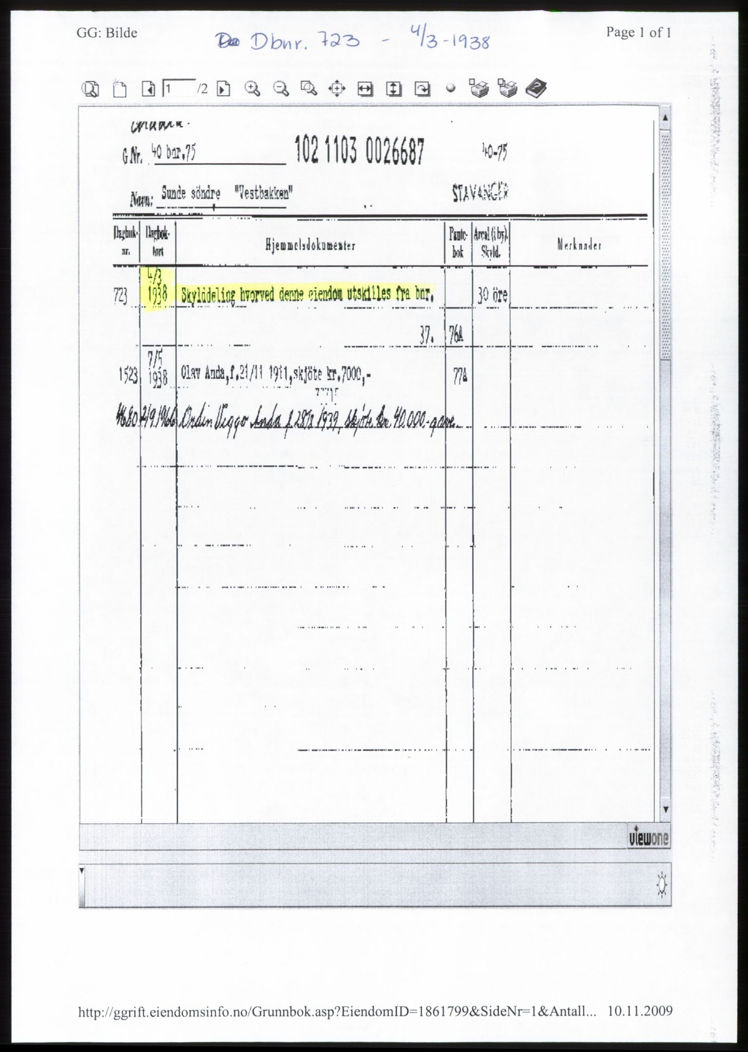 Jæren sorenskriveri, AV/SAST-A-100310/03/G/Gba/L0070: Mortgage book, 1938-1938, Diary no: : 723/1938