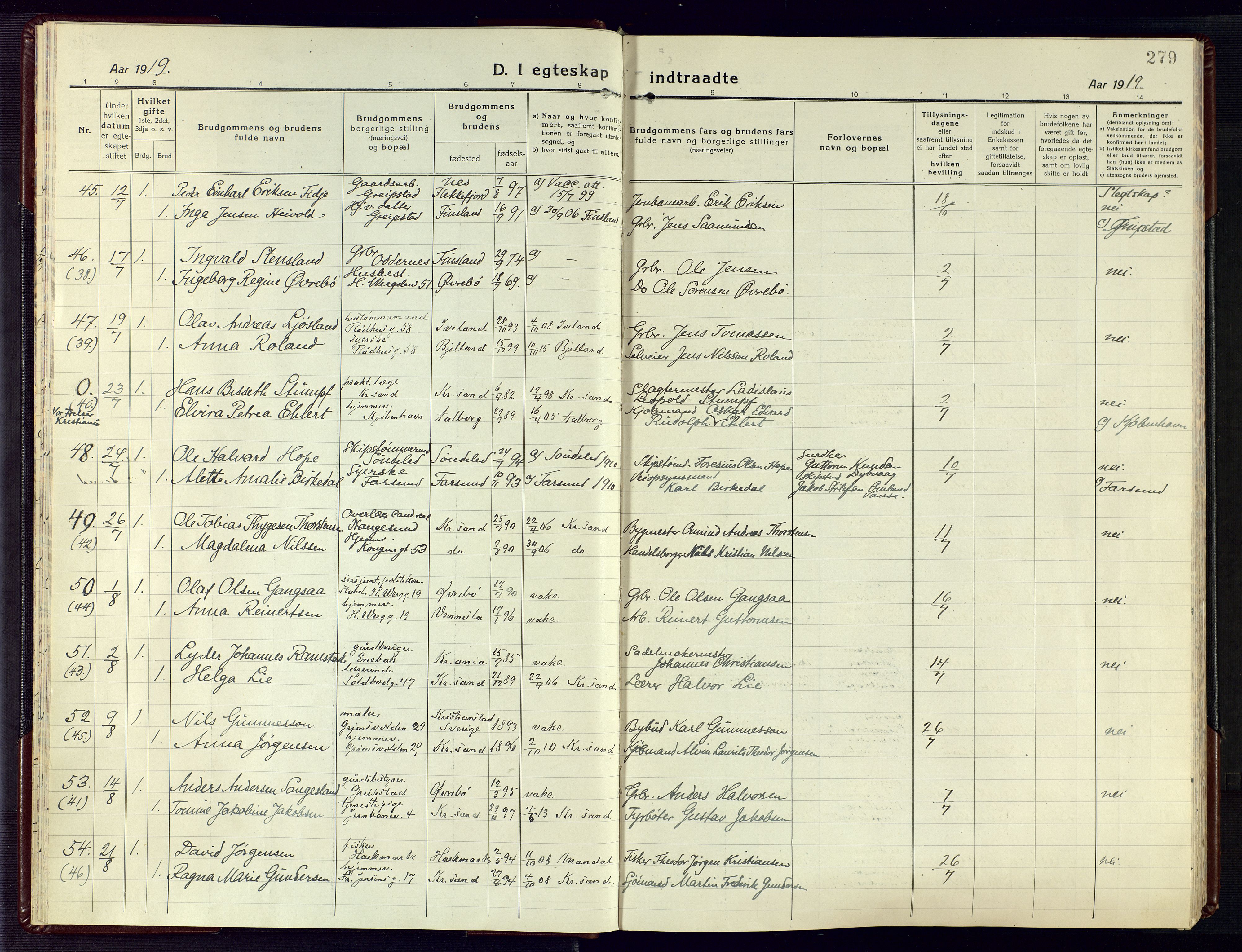 Kristiansand domprosti, SAK/1112-0006/F/Fa/L0028: Parish register (official) no. A 27, 1917-1926, p. 279