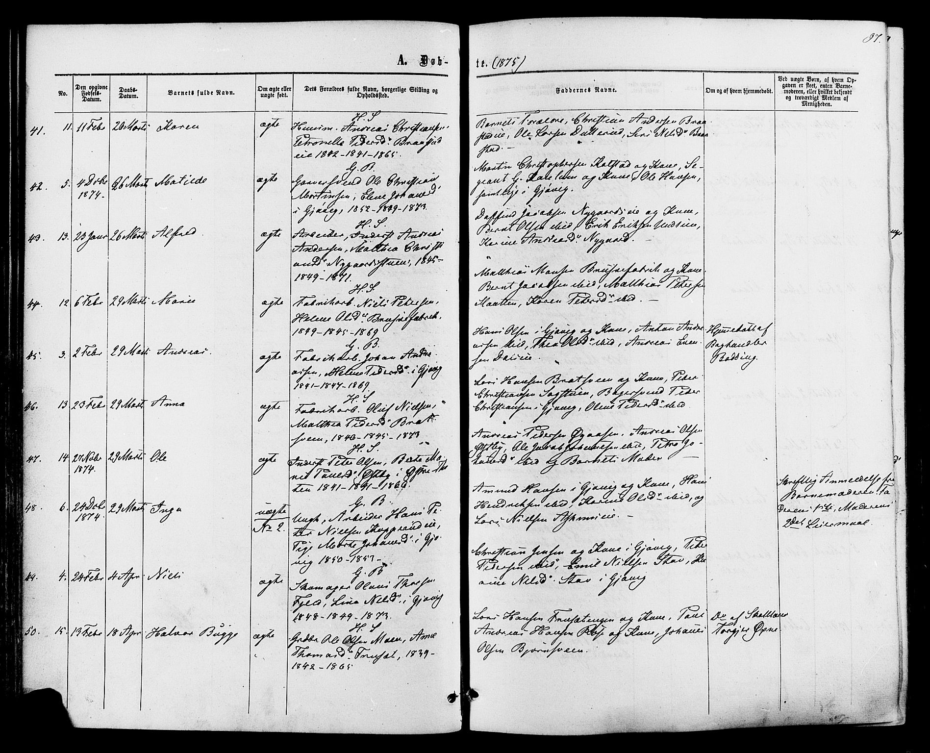 Vardal prestekontor, AV/SAH-PREST-100/H/Ha/Haa/L0007: Parish register (official) no. 7, 1867-1878, p. 97