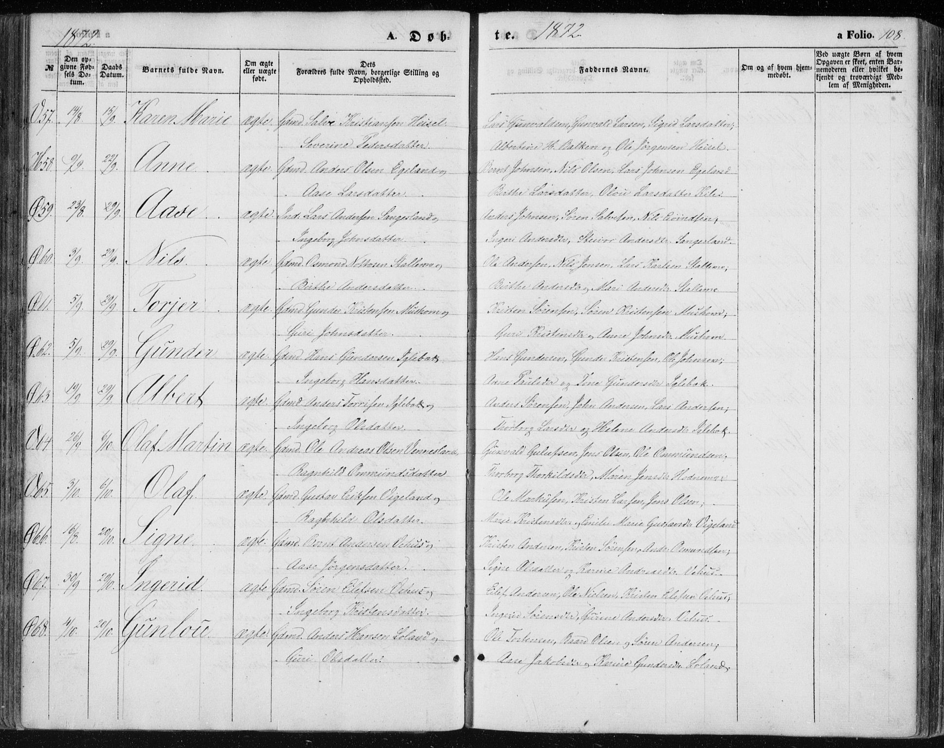 Vennesla sokneprestkontor, AV/SAK-1111-0045/Fa/Fac/L0007: Parish register (official) no. A 7, 1855-1873, p. 108