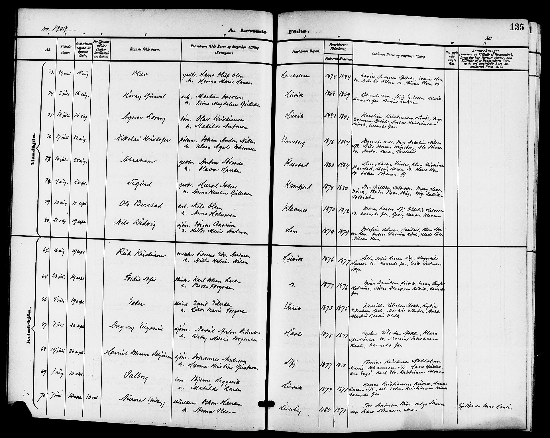 Sandar kirkebøker, AV/SAKO-A-243/G/Ga/L0002: Parish register (copy) no. 2, 1900-1915, p. 135