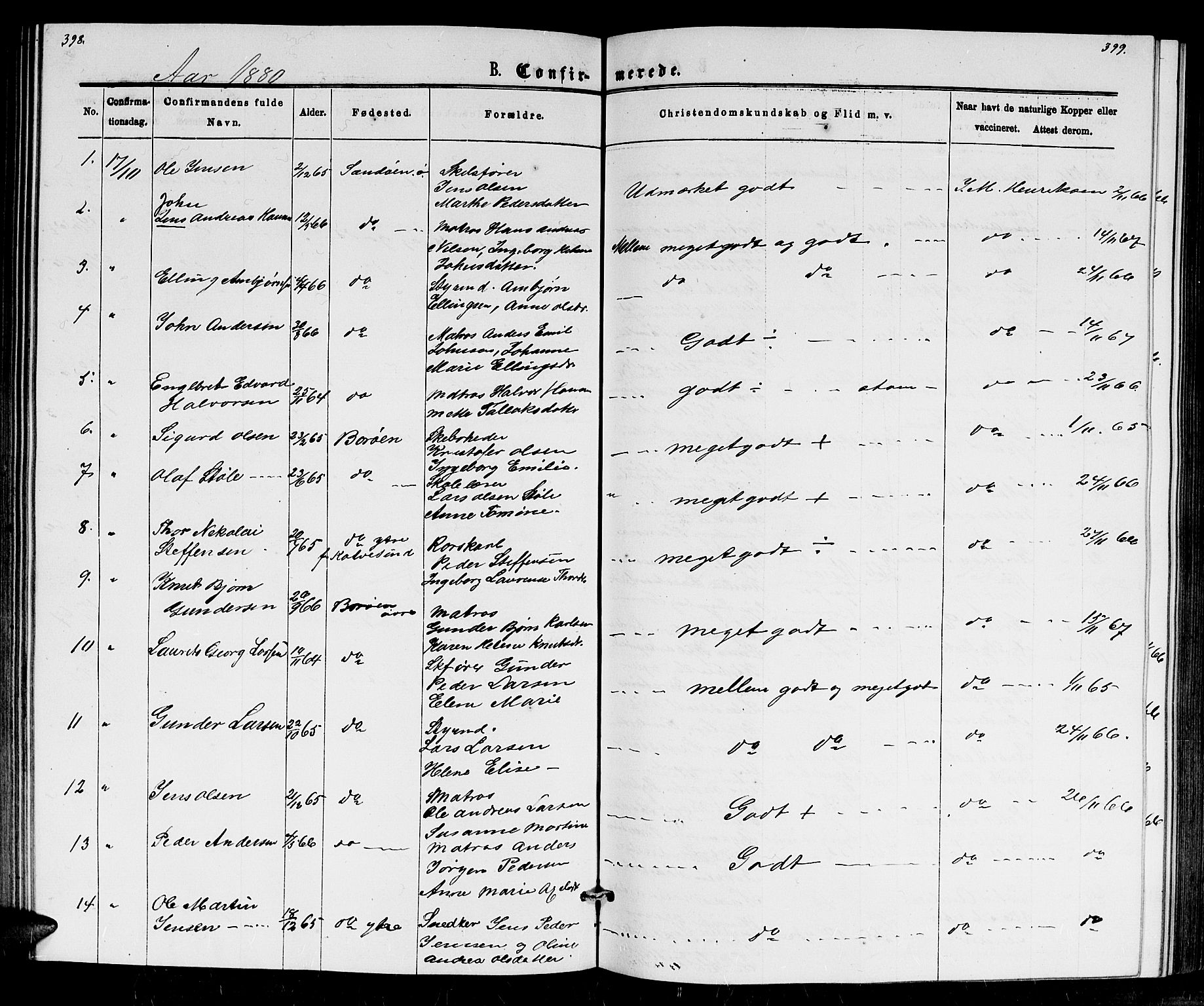 Dypvåg sokneprestkontor, AV/SAK-1111-0007/F/Fb/Fba/L0012: Parish register (copy) no. B 12, 1872-1886, p. 398-399