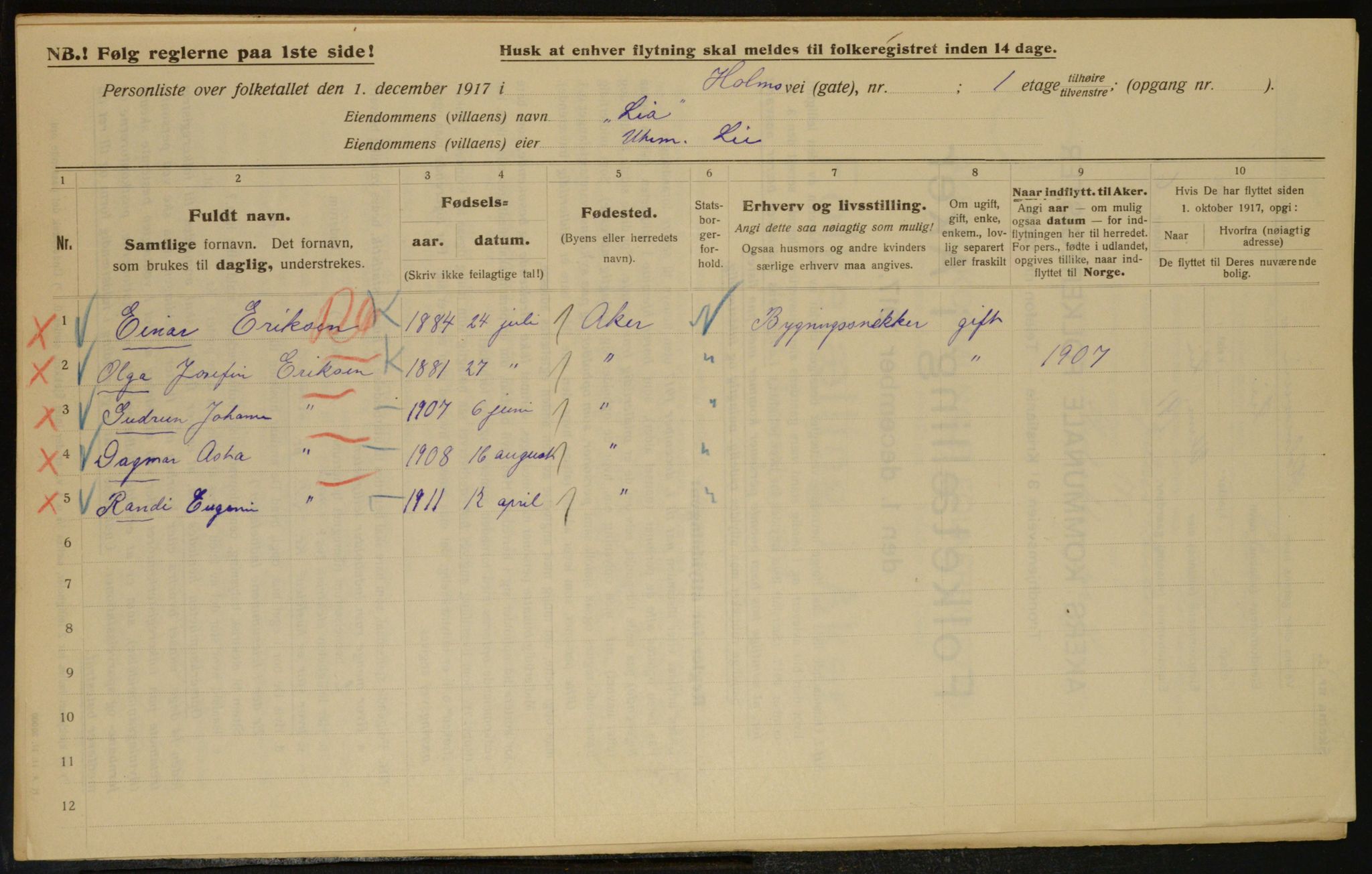 OBA, Municipal Census 1917 for Aker, 1917, p. 16332