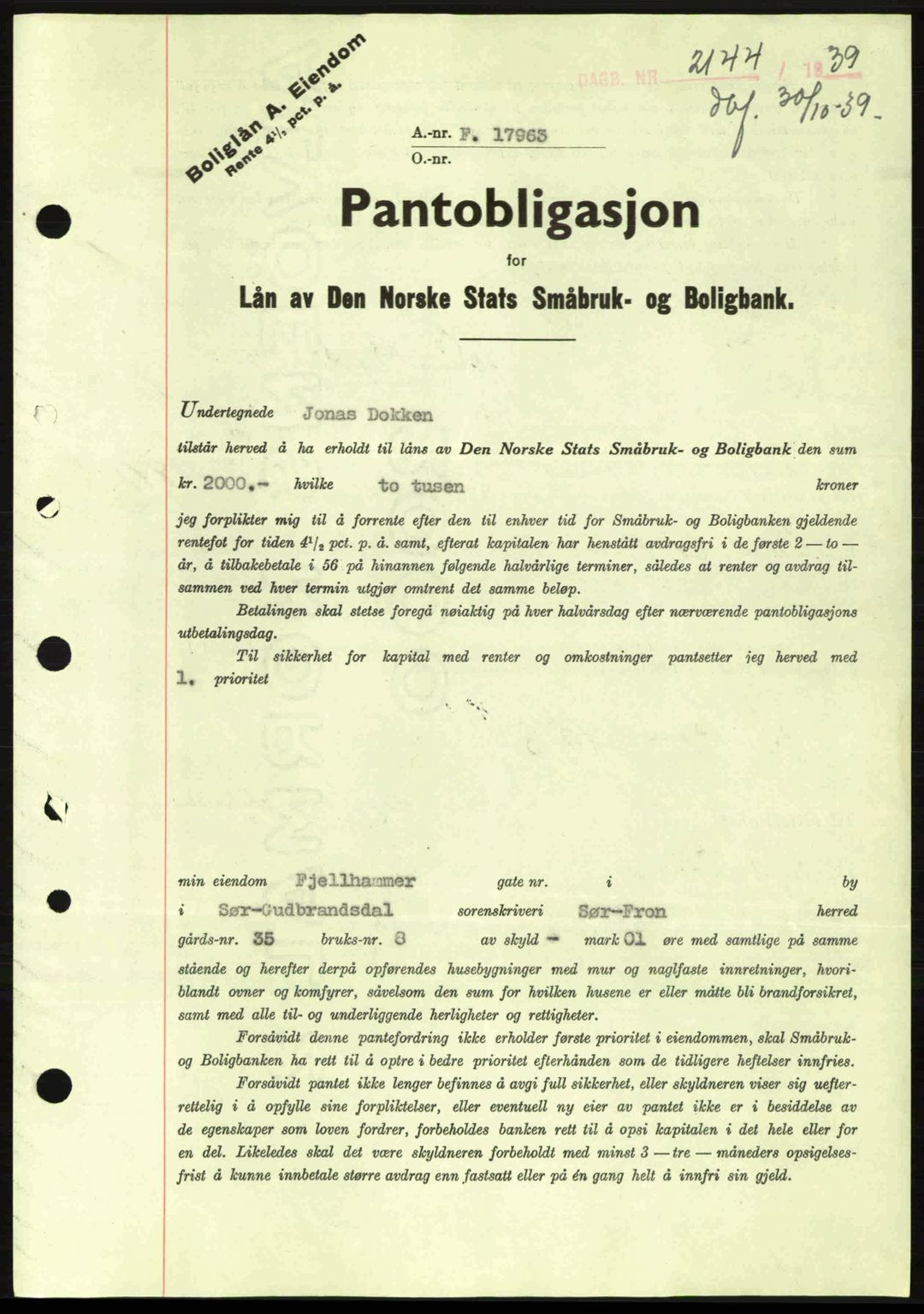 Sør-Gudbrandsdal tingrett, SAH/TING-004/H/Hb/Hbe/L0001: Mortgage book no. B1, 1936-1939, Diary no: : 2144/1939