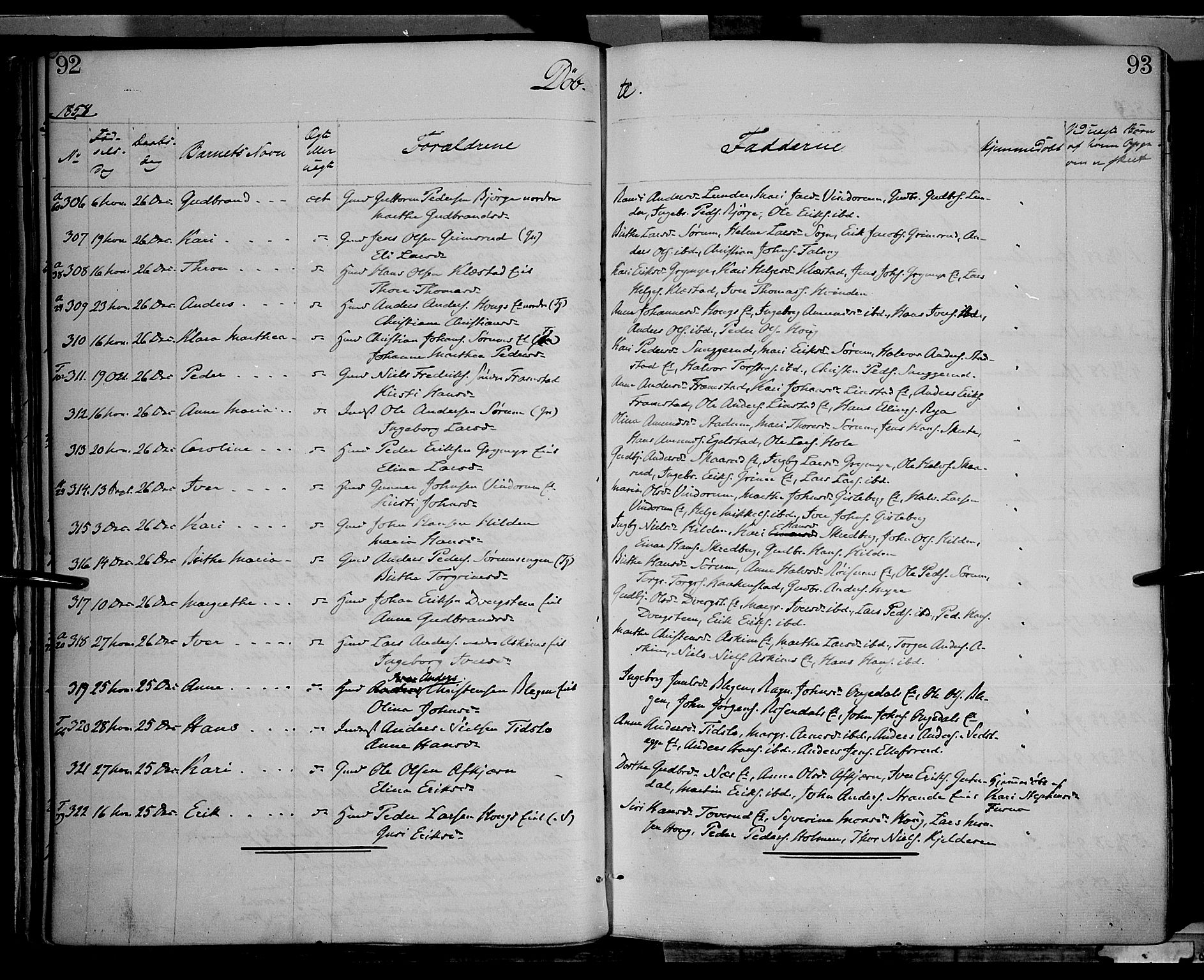 Gran prestekontor, SAH/PREST-112/H/Ha/Haa/L0012: Parish register (official) no. 12, 1856-1874, p. 92-93