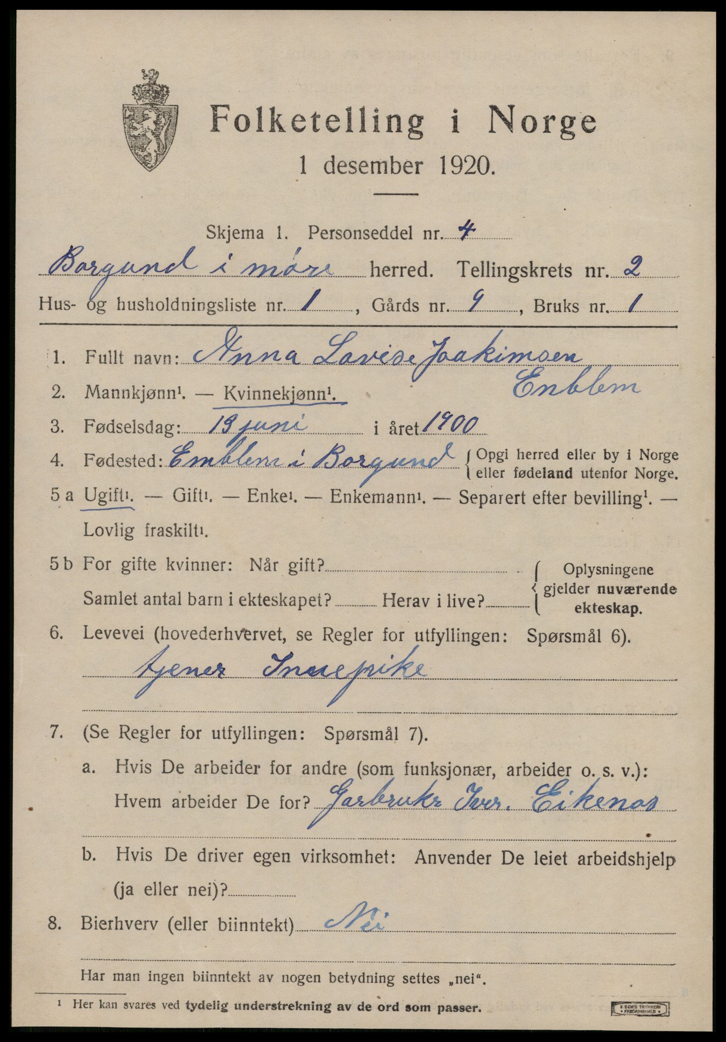 SAT, 1920 census for Borgund, 1920, p. 3094