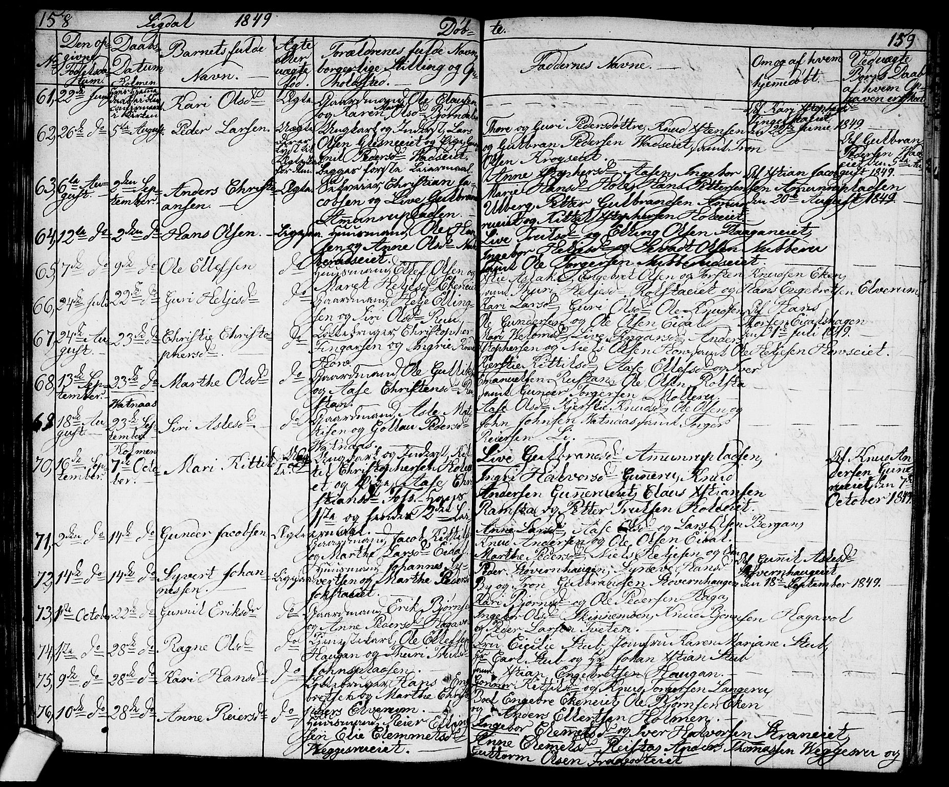 Sigdal kirkebøker, AV/SAKO-A-245/G/Ga/L0002: Parish register (copy) no. I 2, 1835-1856, p. 158-159