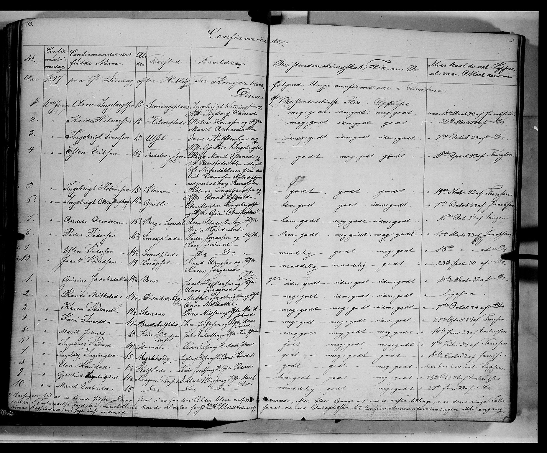 Kvikne prestekontor, SAH/PREST-064/H/Ha/Haa/L0005: Parish register (official) no. 5, 1841-1862, p. 85