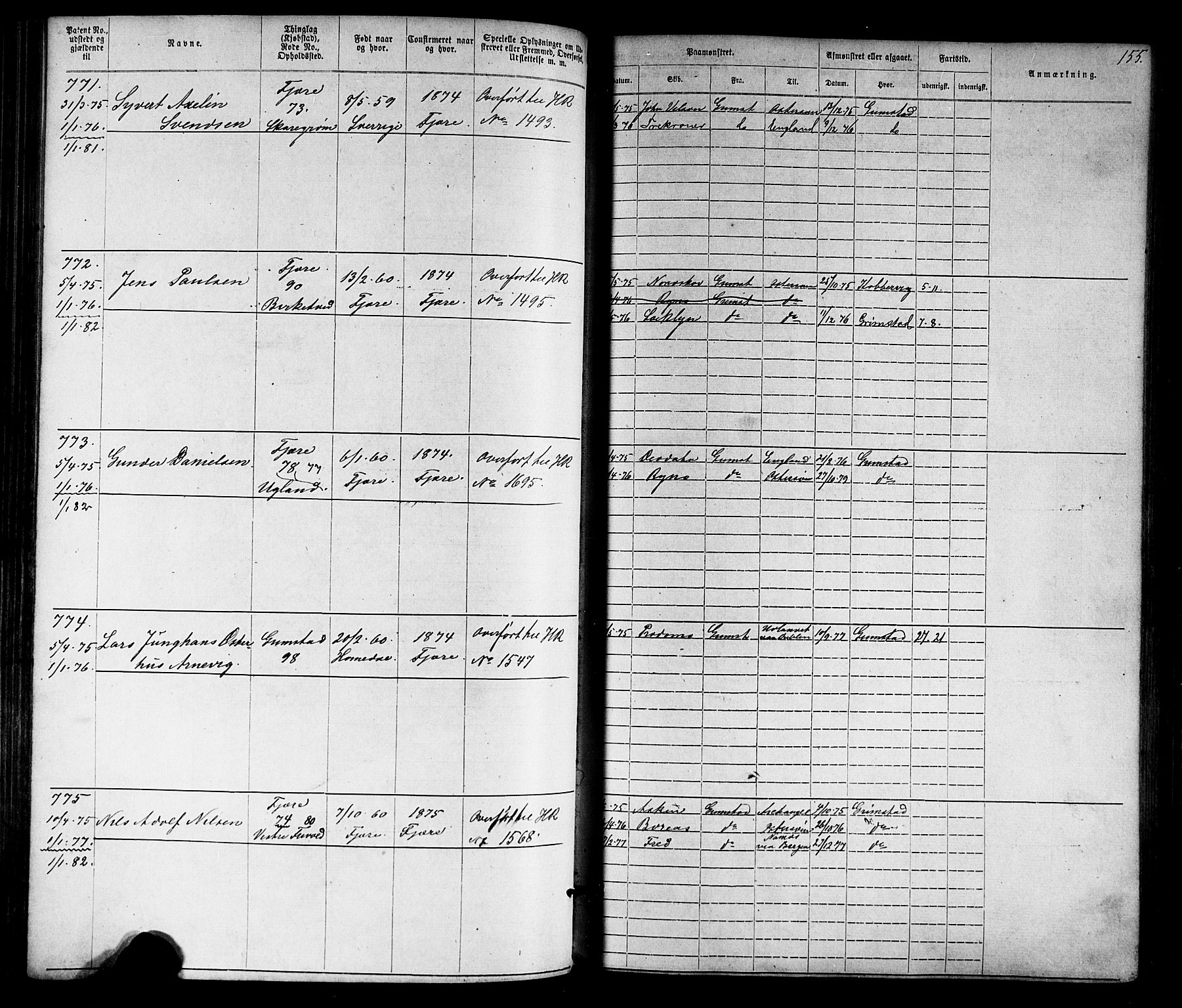 Grimstad mønstringskrets, SAK/2031-0013/F/Fa/L0005: Annotasjonsrulle nr 1-1910 med register, V-18, 1870-1892, p. 182