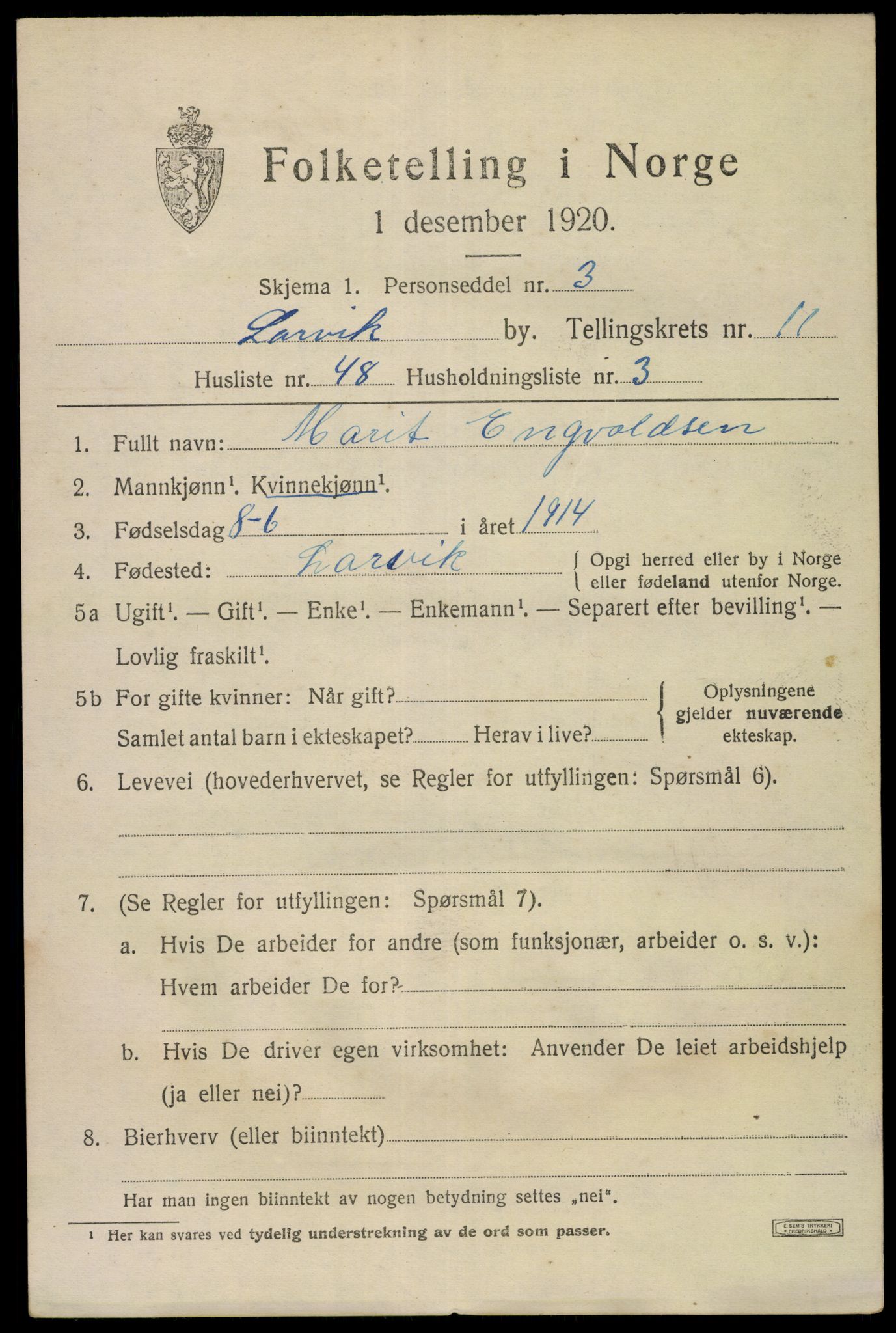 SAKO, 1920 census for Larvik, 1920, p. 29290