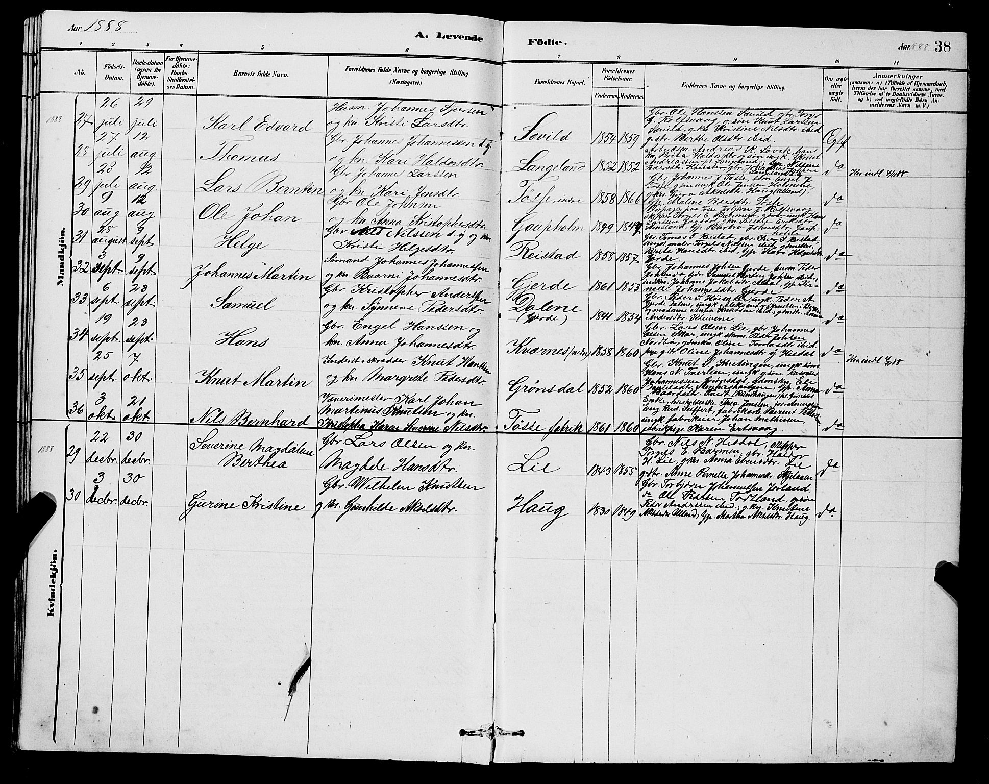 Samnanger Sokneprestembete, SAB/A-77501/H/Hab: Parish register (copy) no. A 2, 1879-1897, p. 38