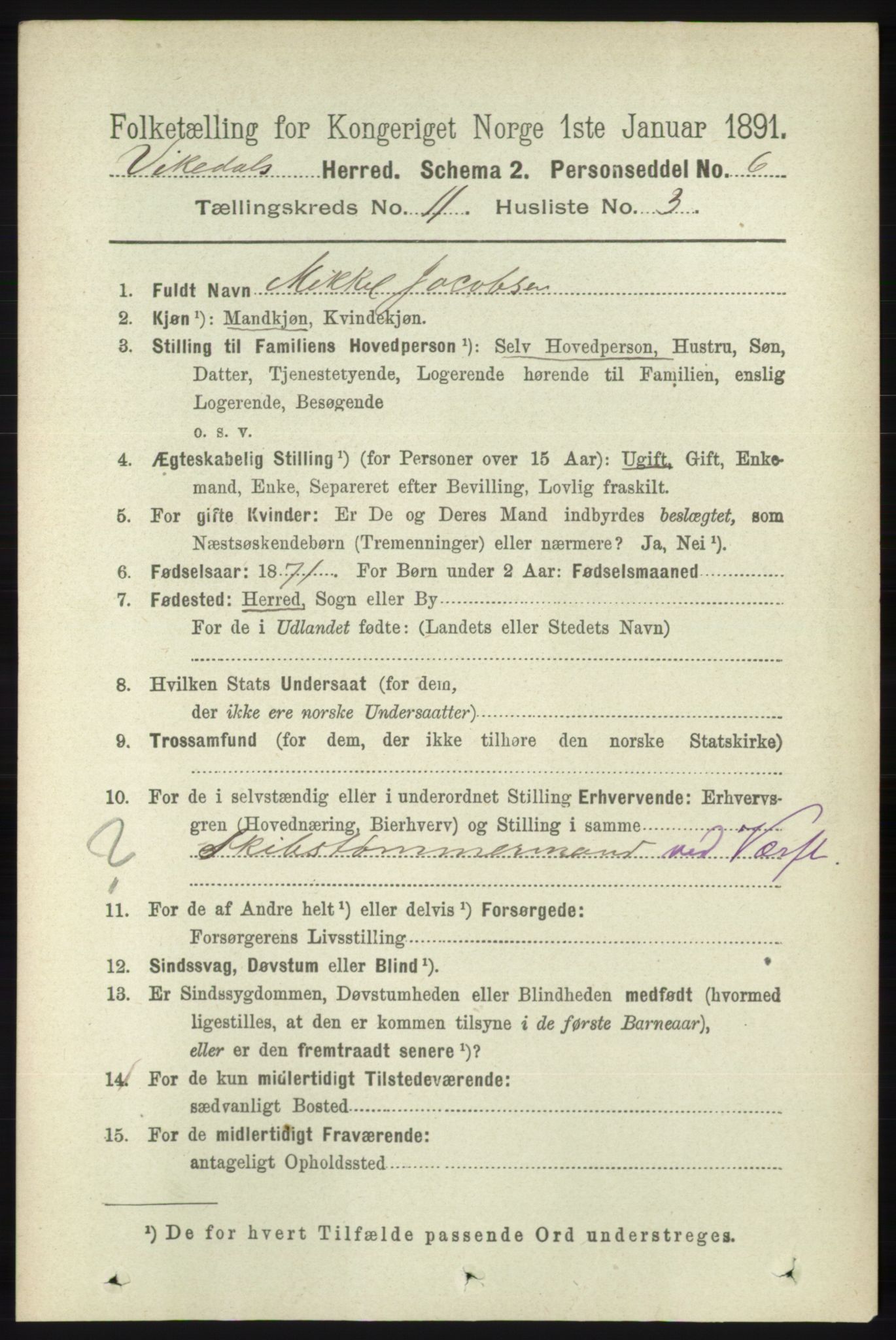 RA, 1891 census for 1157 Vikedal, 1891, p. 2910