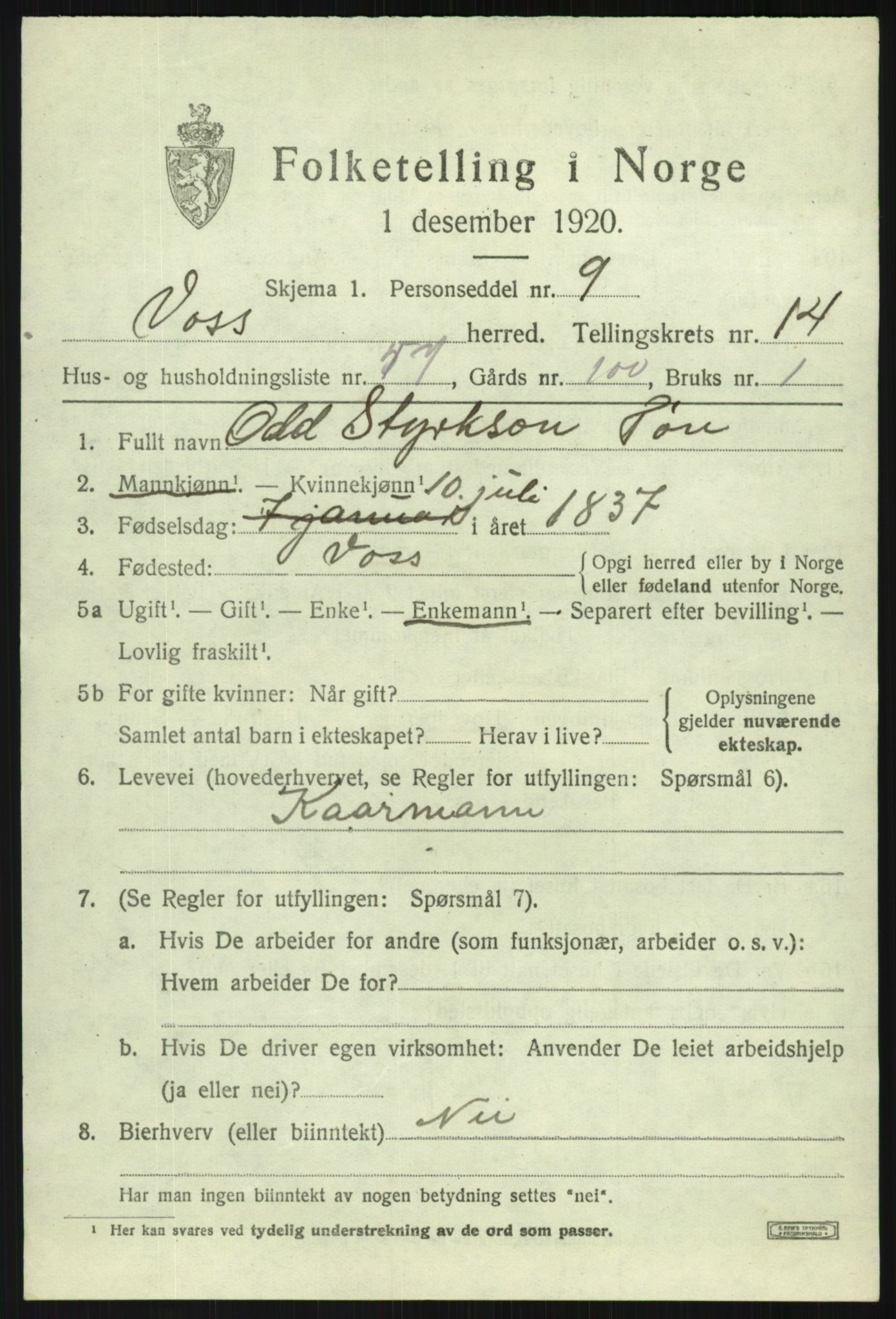 SAB, 1920 census for Voss, 1920, p. 12493