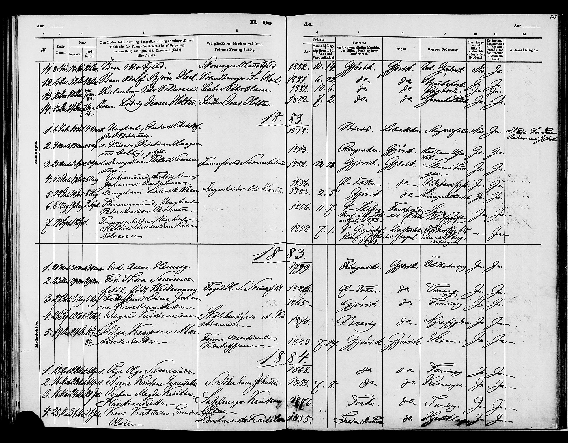 Vardal prestekontor, SAH/PREST-100/H/Ha/Haa/L0008: Parish register (official) no. 8, 1878-1890, p. 304