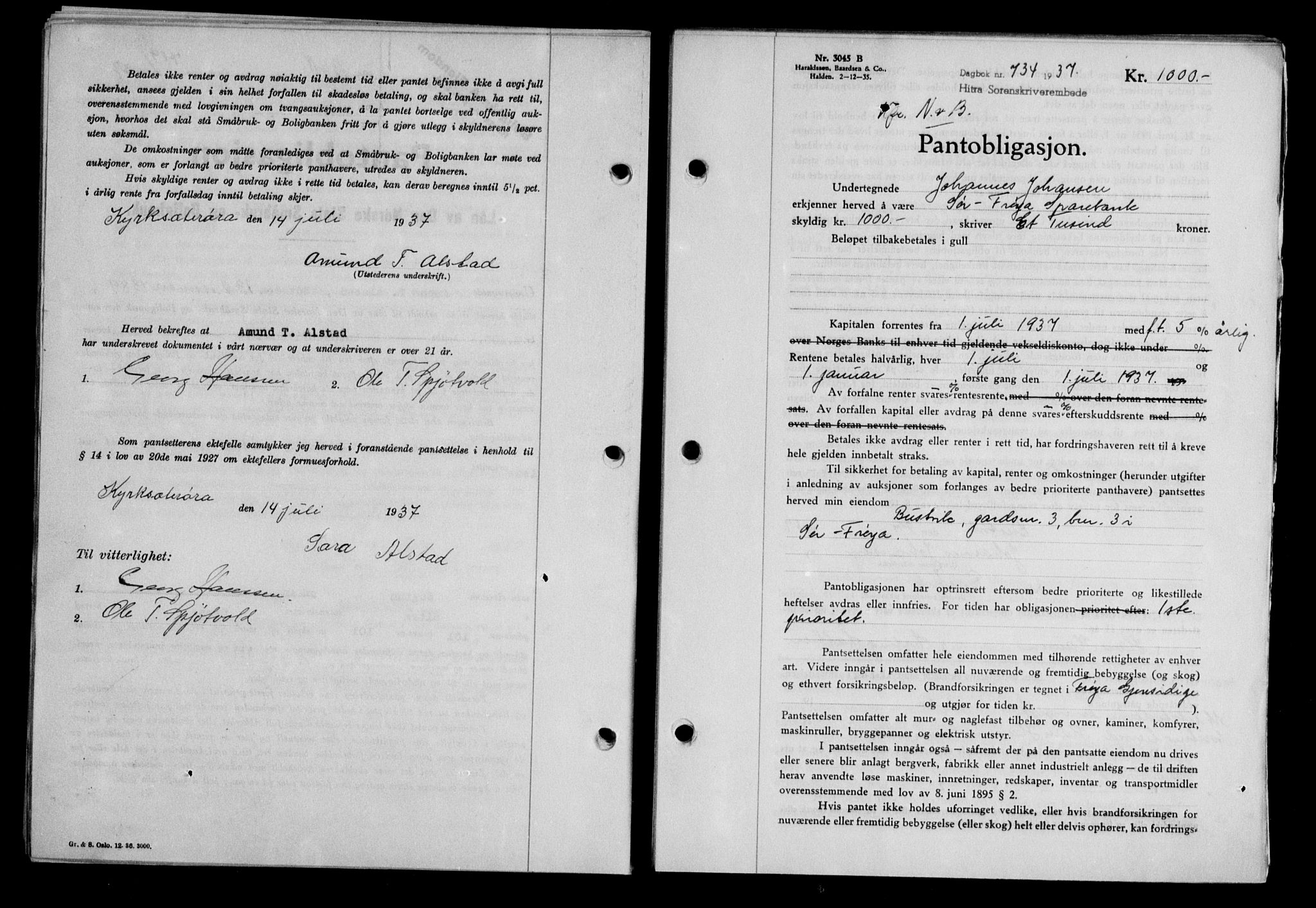 Hitra sorenskriveri, AV/SAT-A-0018/2/2C/2Ca/L0028: Mortgage book no. B-1, 1936-1939, Diary no: : 734/1937
