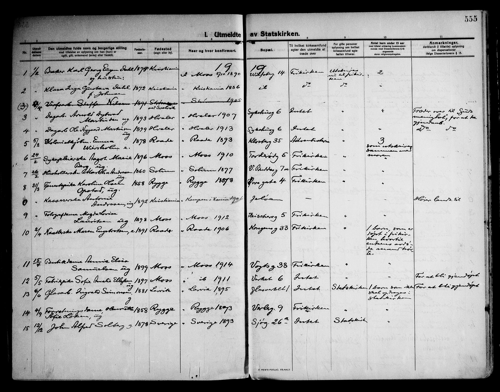 Moss prestekontor Kirkebøker, AV/SAO-A-2003/F/Fb/L0005: Parish register (official) no. II 5, 1913-1923, p. 555